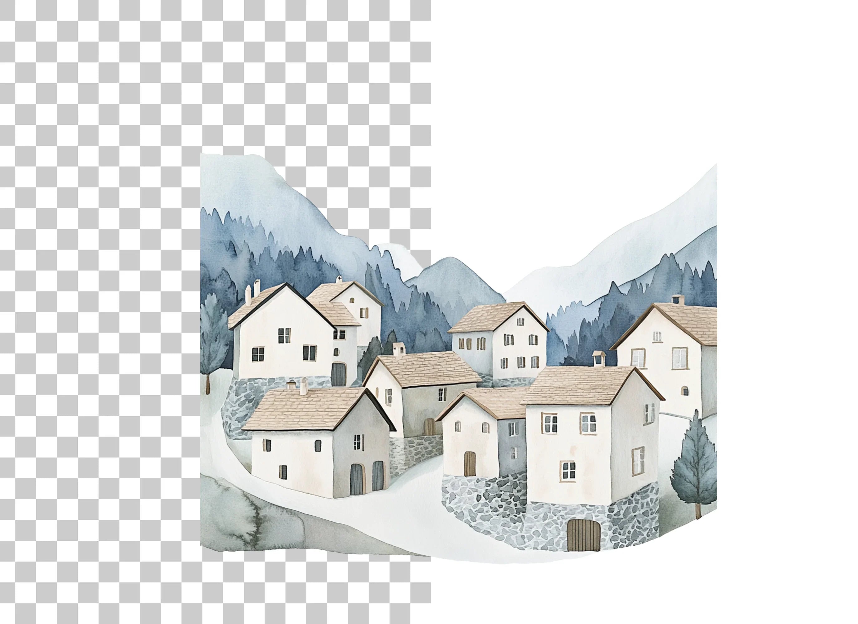Winter Mountain Village Clipart Bundle