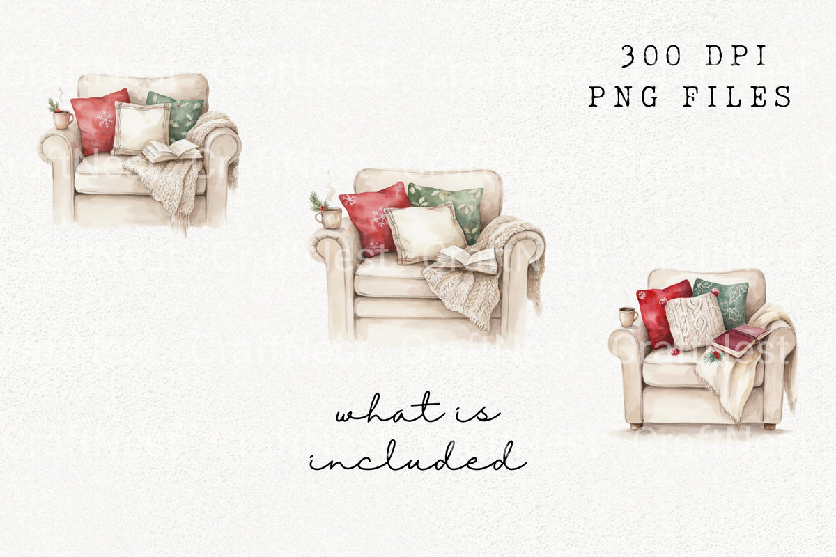 Cozy Christmas Armchair Decor Clipart Bundle