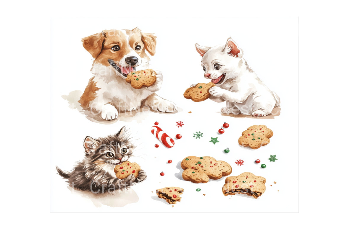 Puppies And Kittens Eating Cookies Clipart Bundle