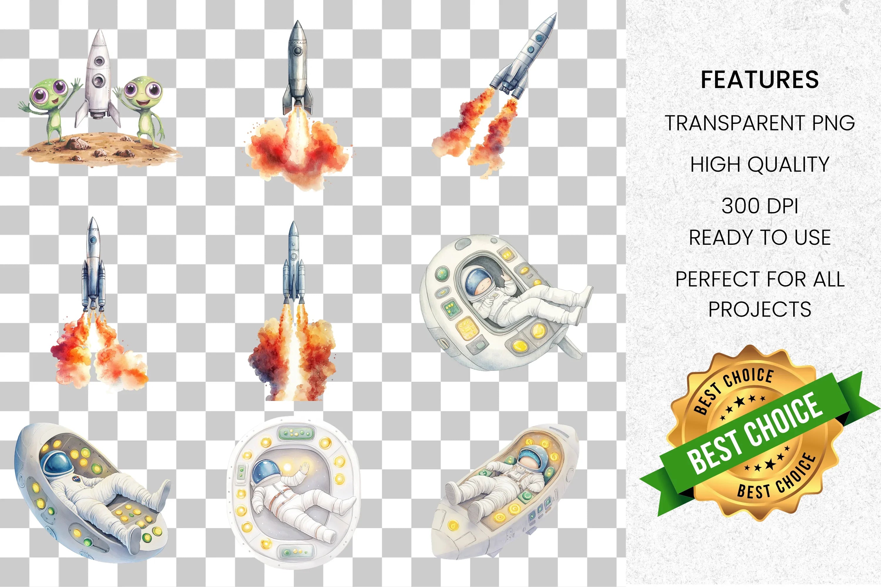 Outer Space Rocket and Alien Clipart Bundle