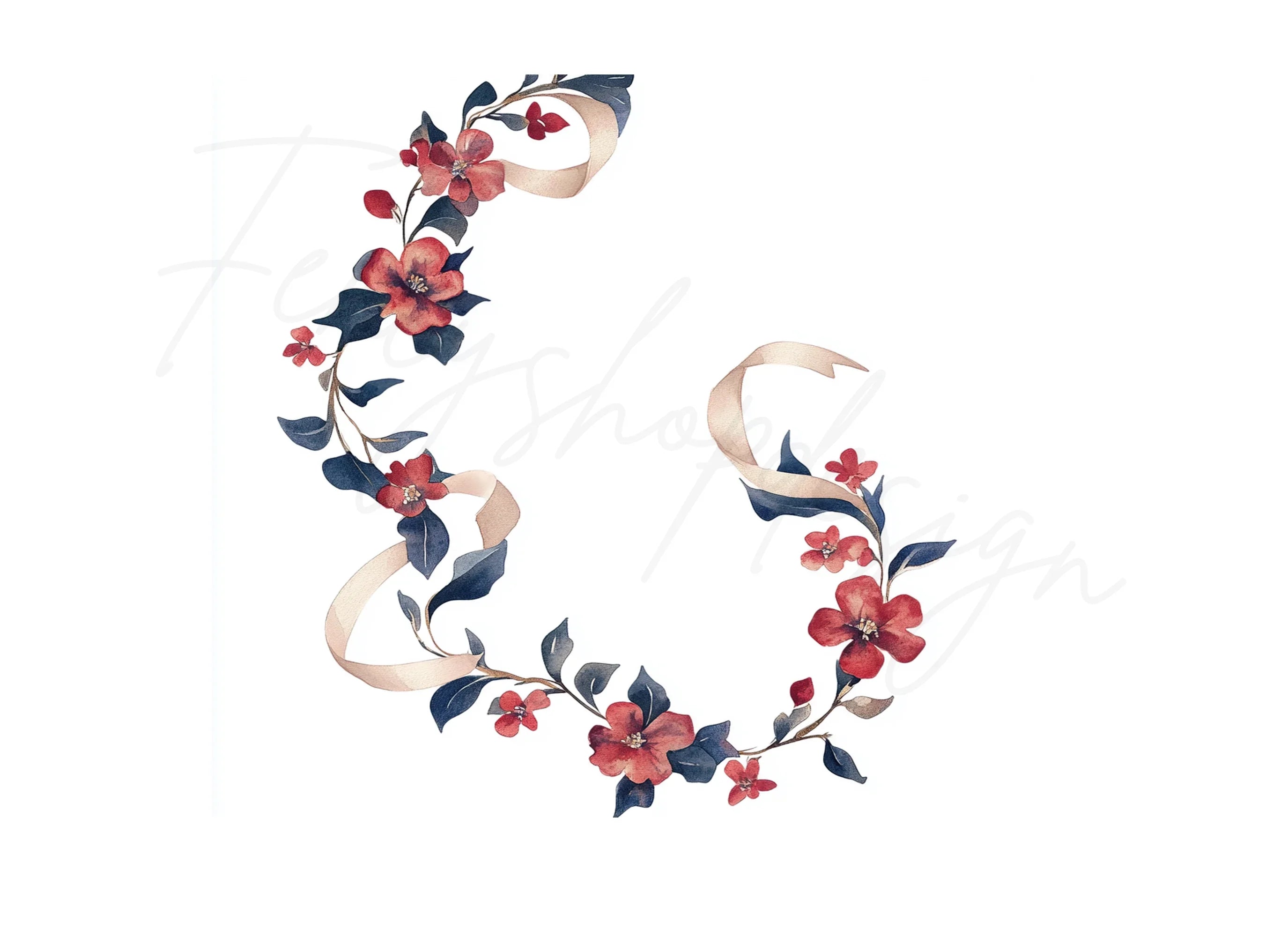 Elegant Red Floral Wreath with Ribbon Clipart Bundle