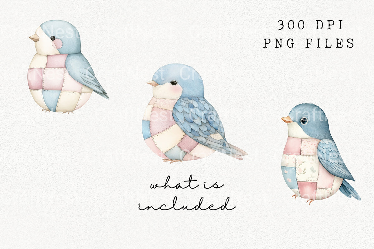 Patchwork Blue Birds Elements Clipart Bundle