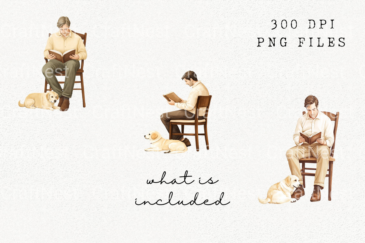 Man Reading On Chair Dog Clipart Bundle