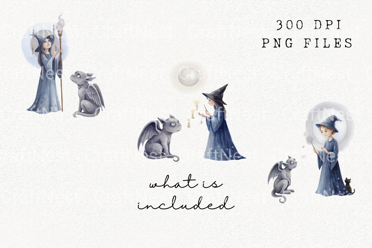 Wizard Girl With Cat And Wand Clipart Bundle