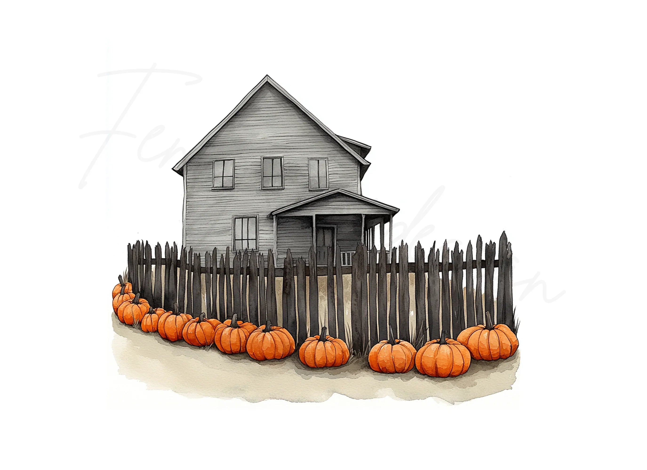 Autumn Pumpkin Fence House Clipart Bundle