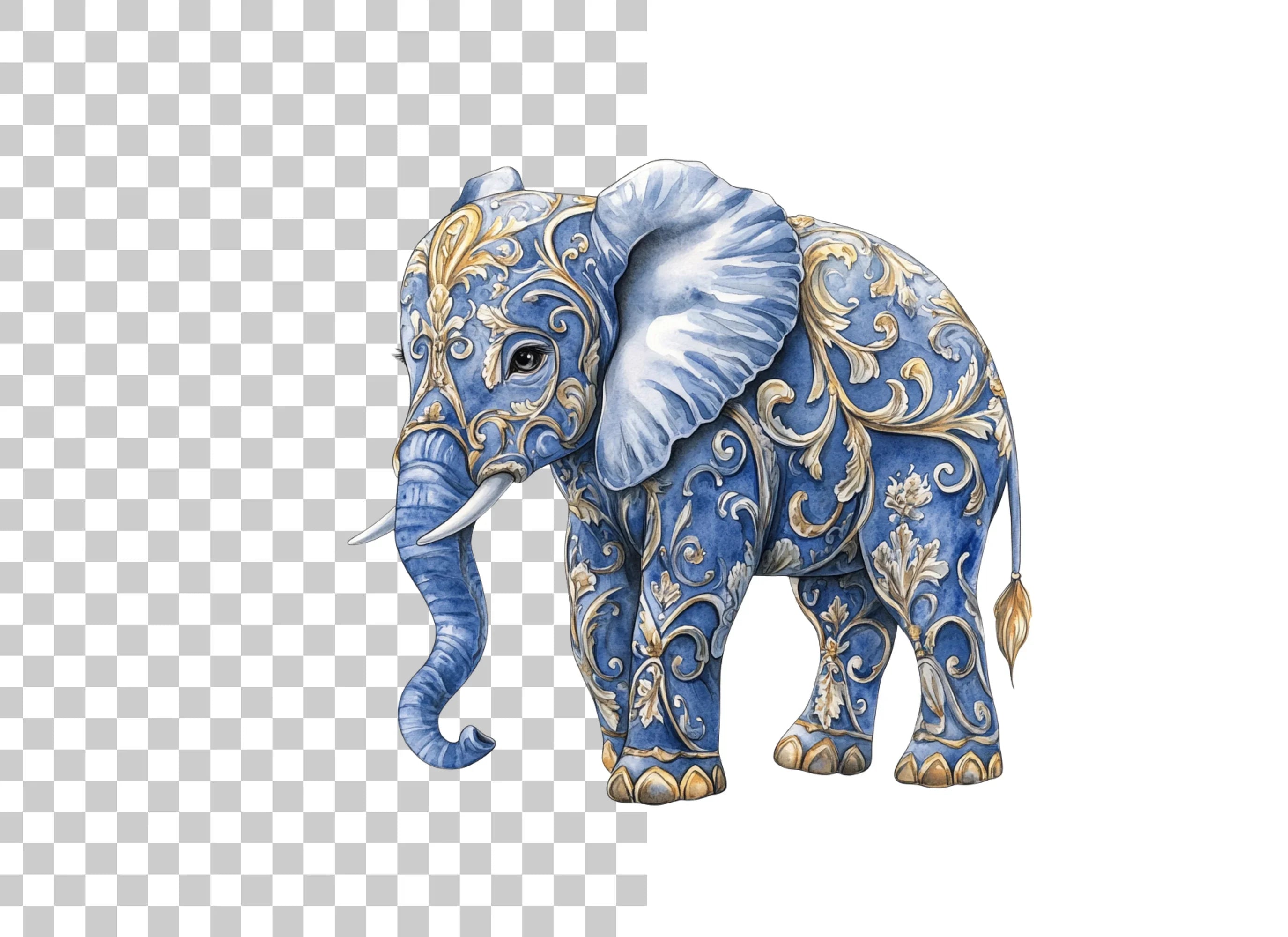 Elegant Blue Elephant with Gold Filigree Clipart Bundle