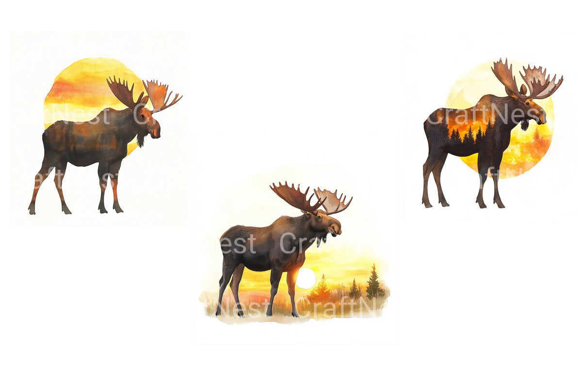Majestic Moose Sunset Landscape Clipart Bundle