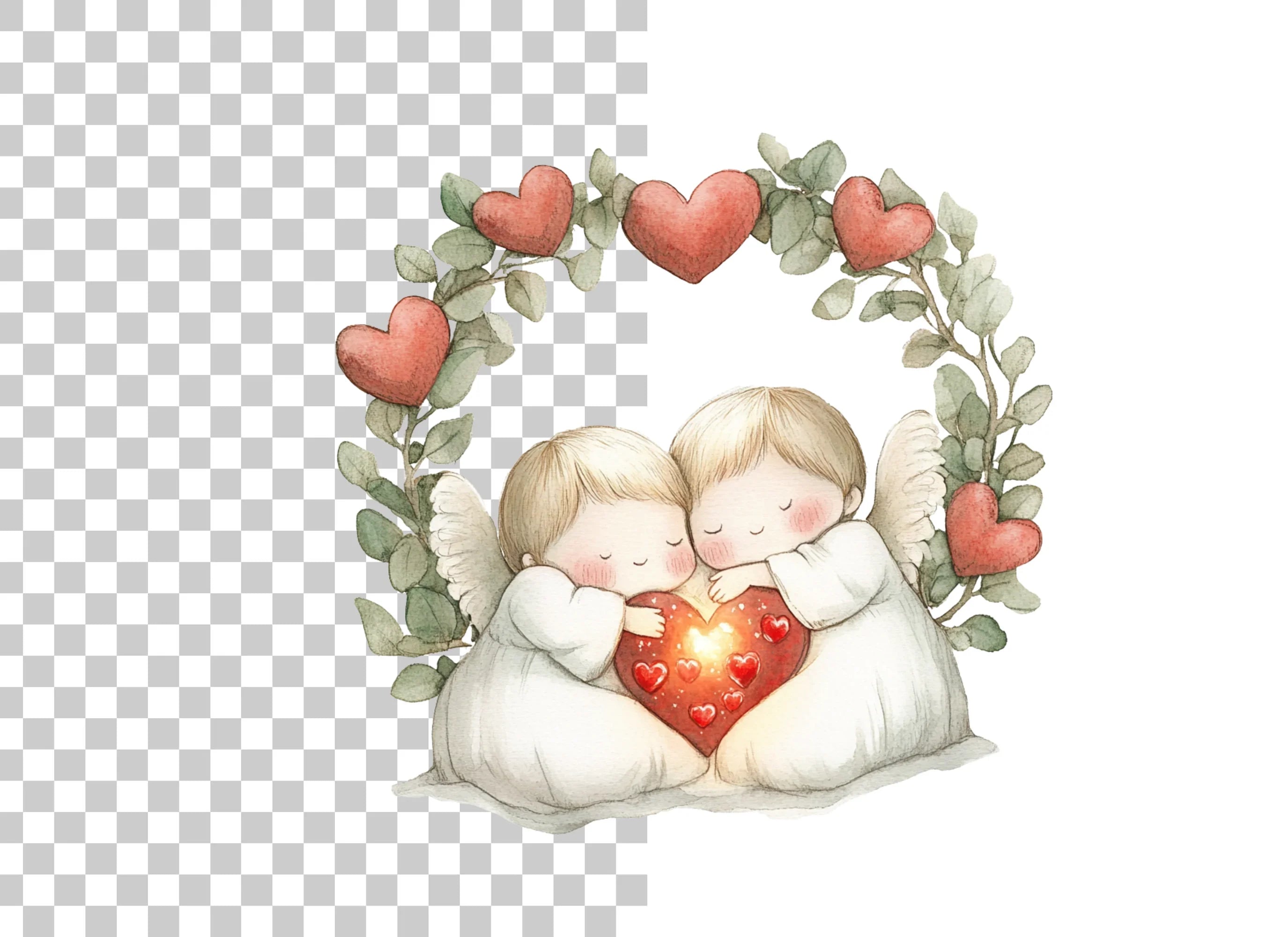 Cute Angel Couple with Heart Wreath Clipart Bundle