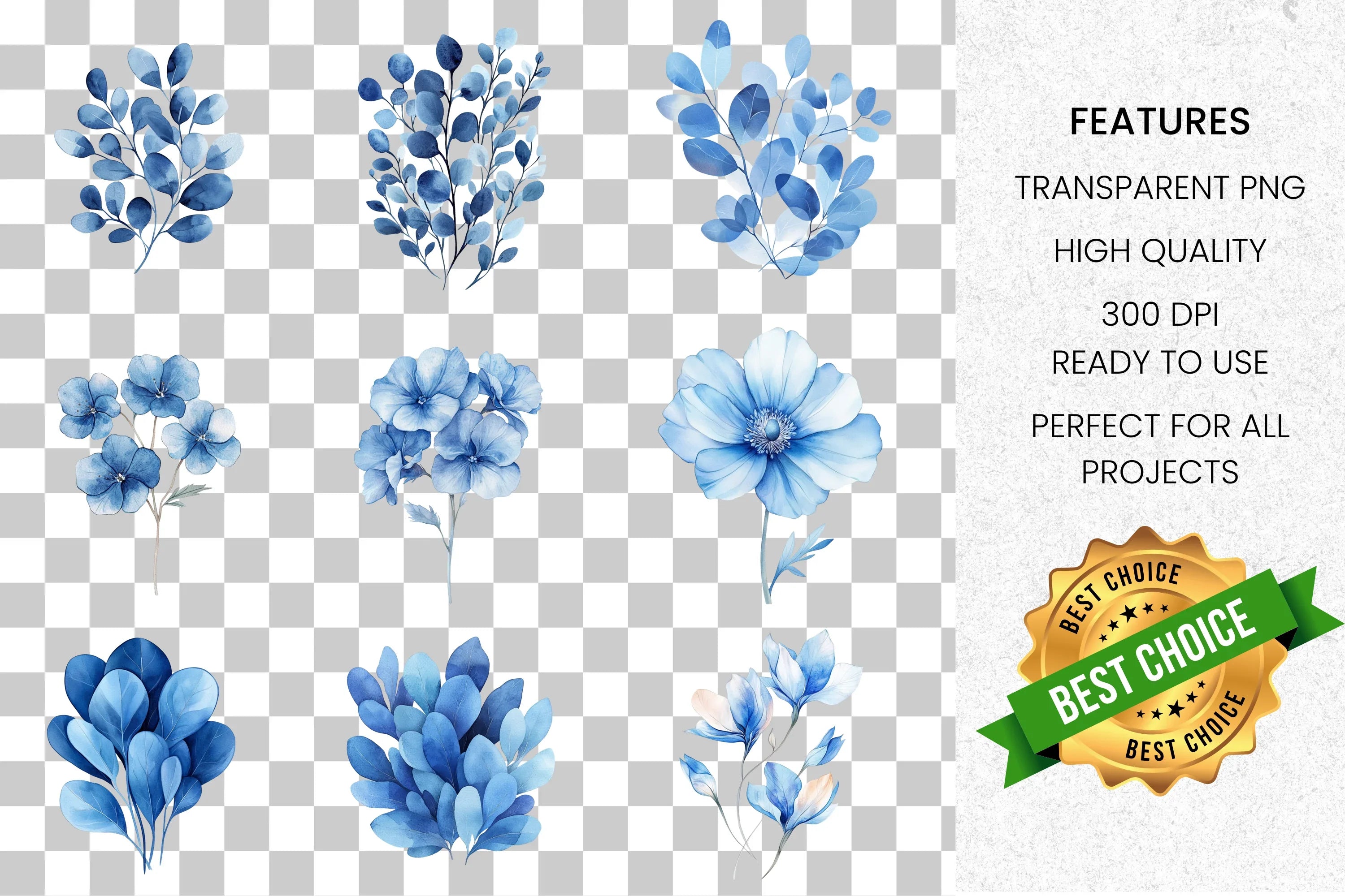 Blue Floral Clipart Bundle