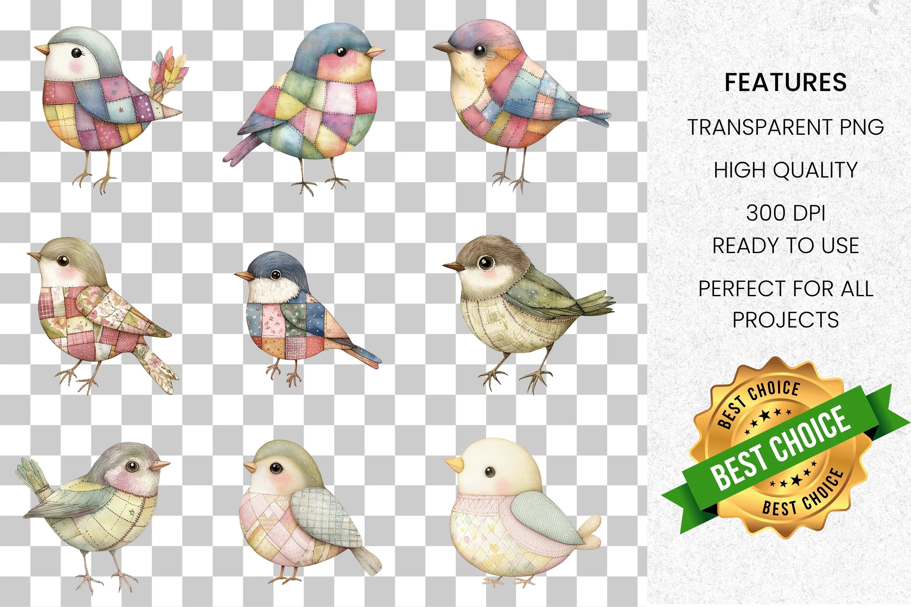 Patchwork Birds Clipart Bundle