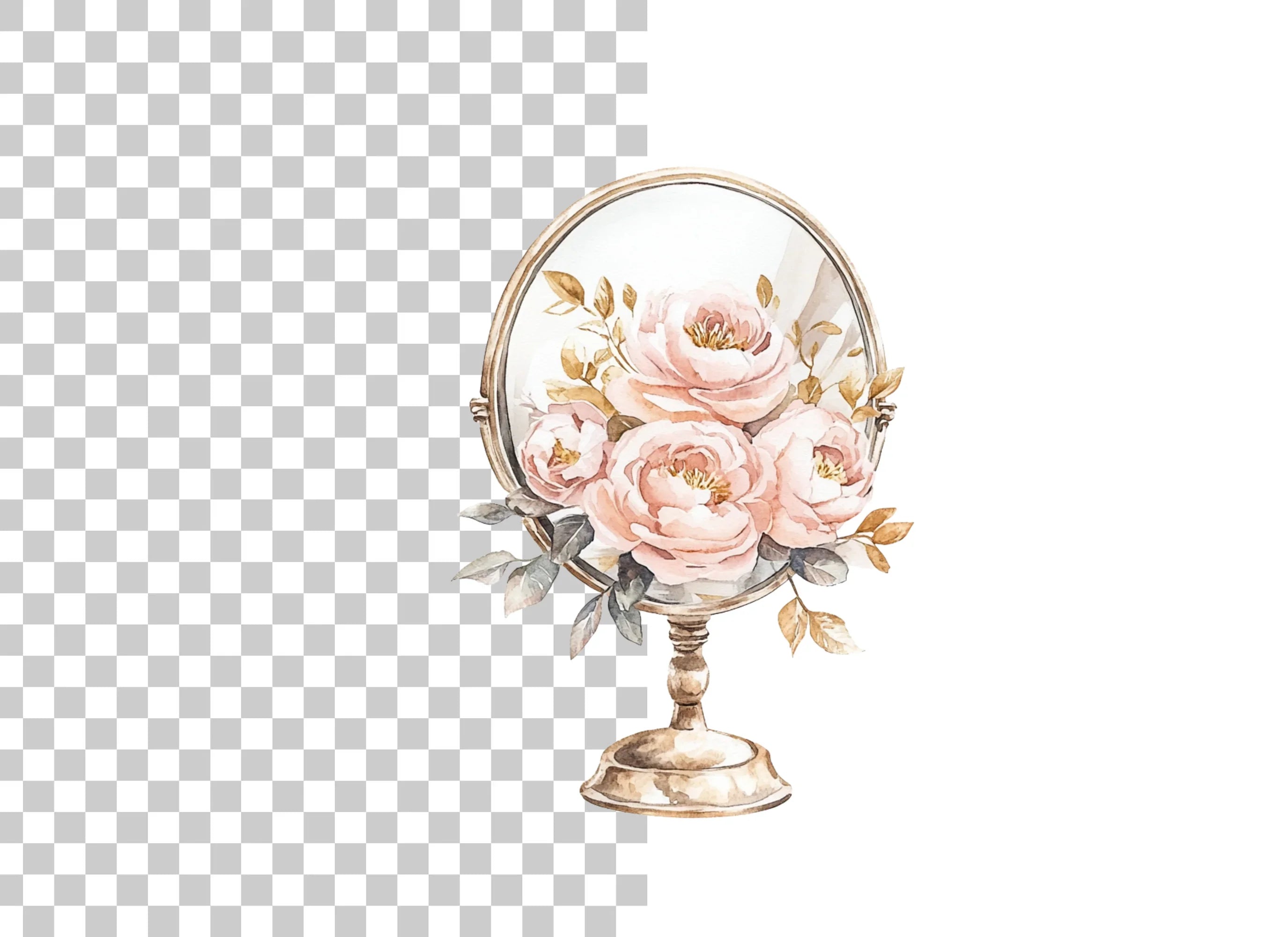 Vintage Mirror with Pink Roses Clipart Bundle