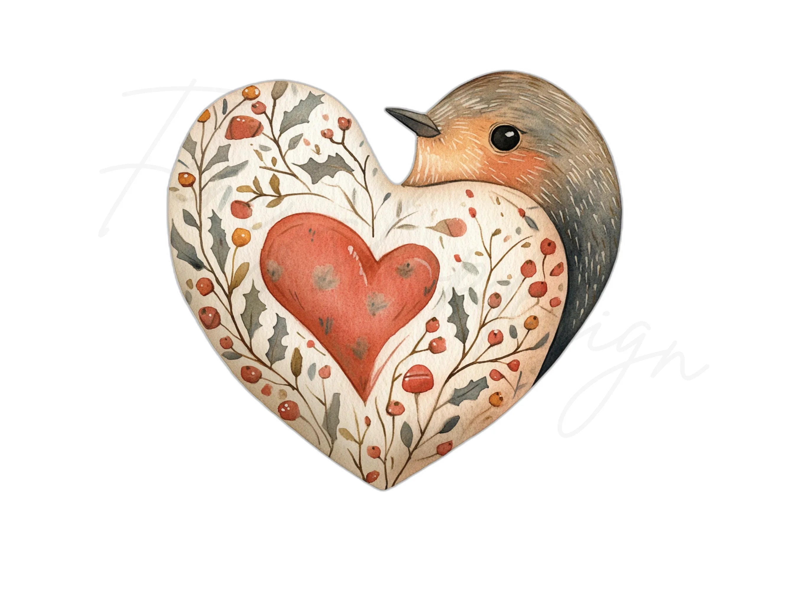 Robin with Floral Heart Clipart Bundle