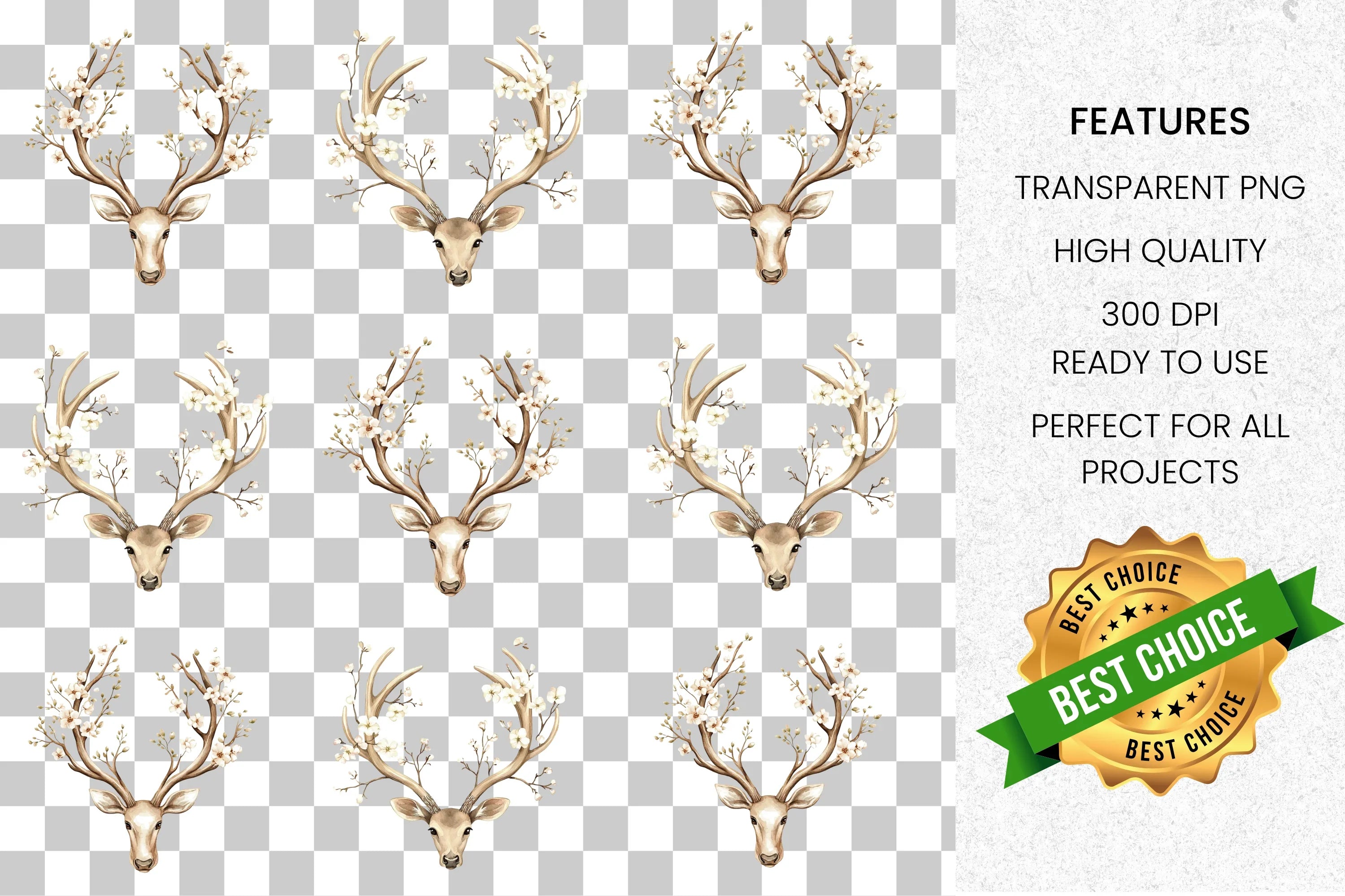 Elegant Deer Head Antlers Clipart Bundle