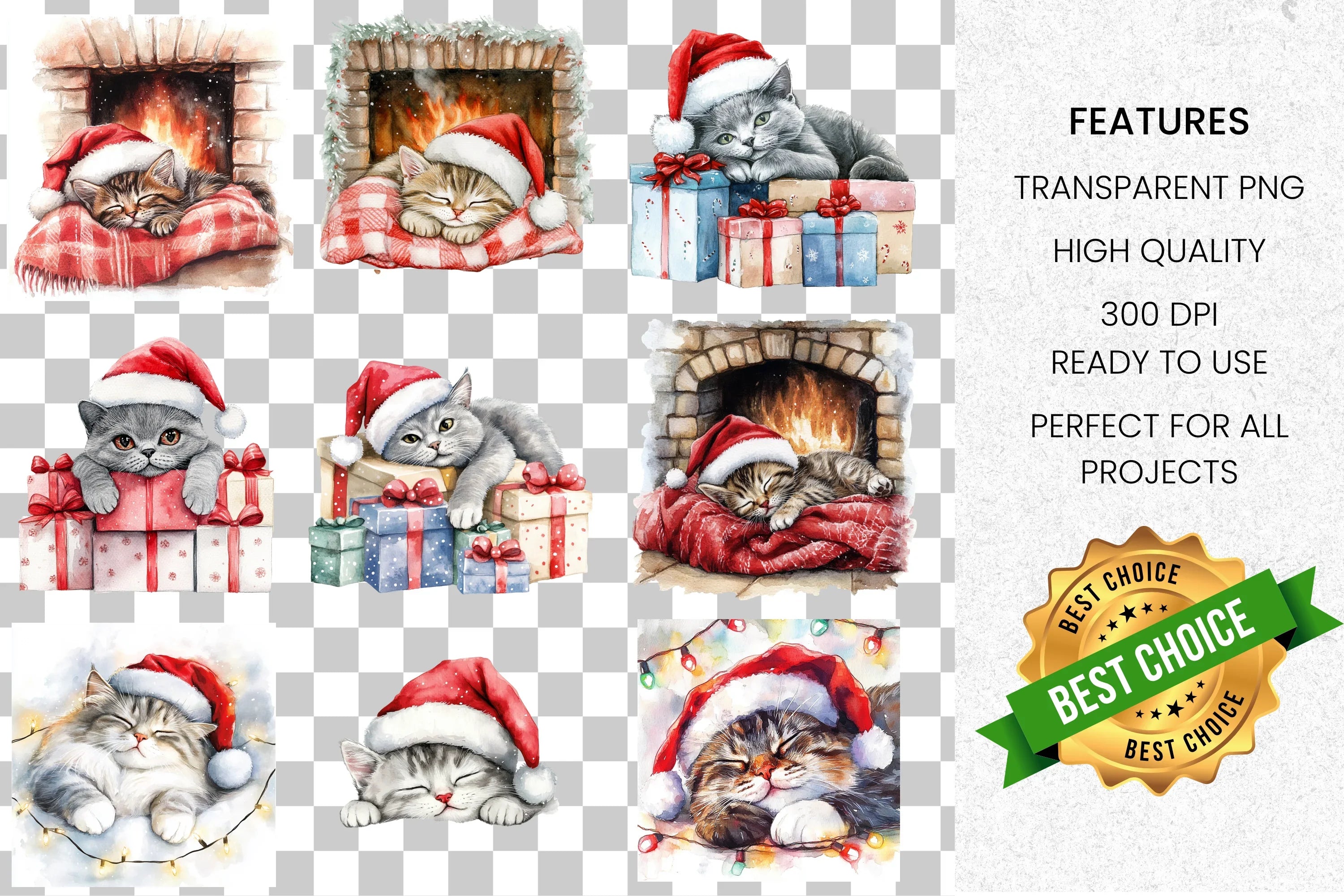 Sleeping Christmas Kittens Clipart Bundle