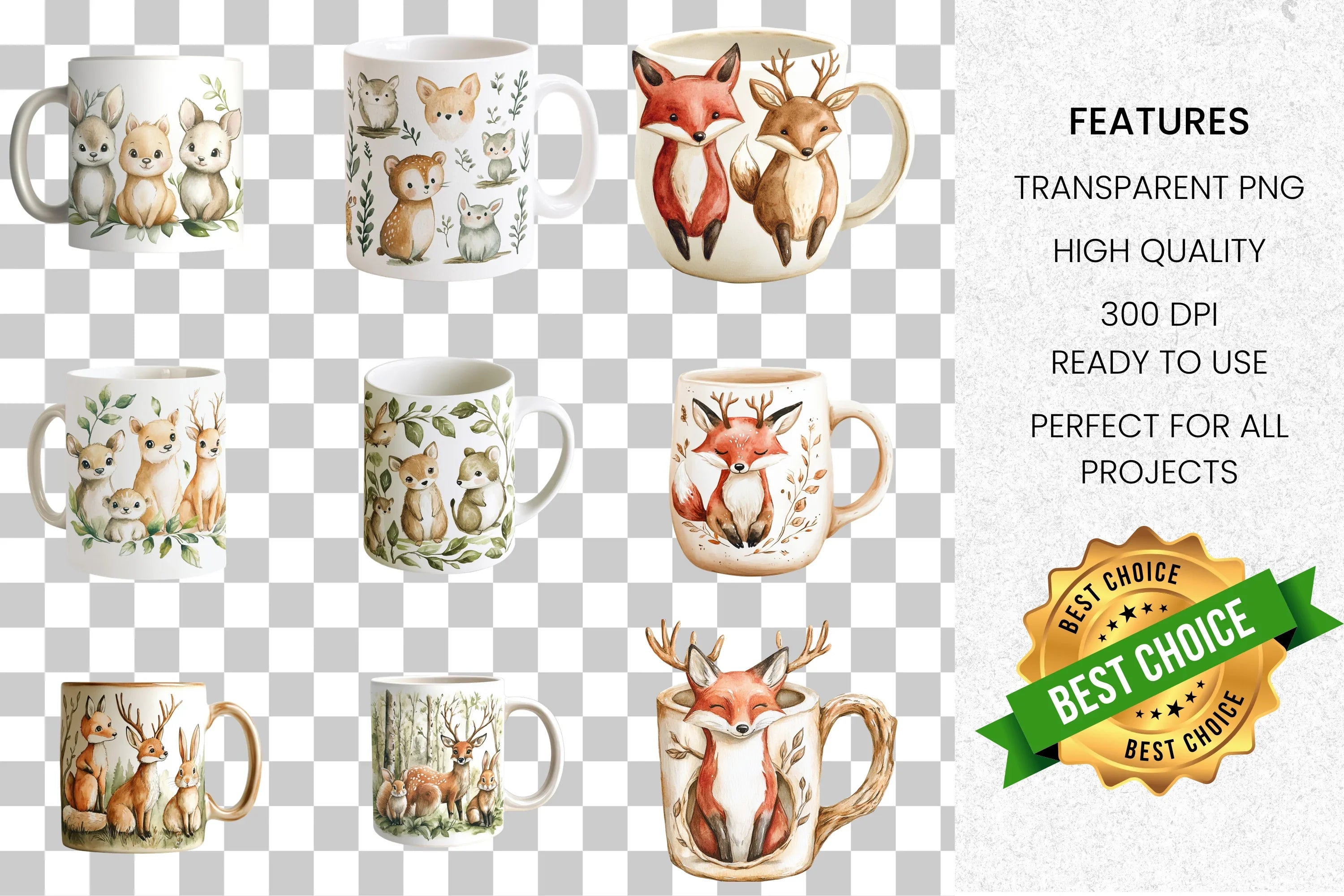 Cute Woodland Animal Mugs Clipart Bundle