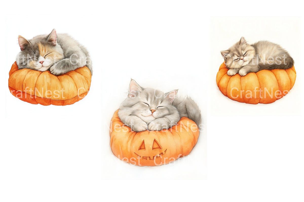 Adorable Sleeping Kitten Pumpkins Clipart Bundle