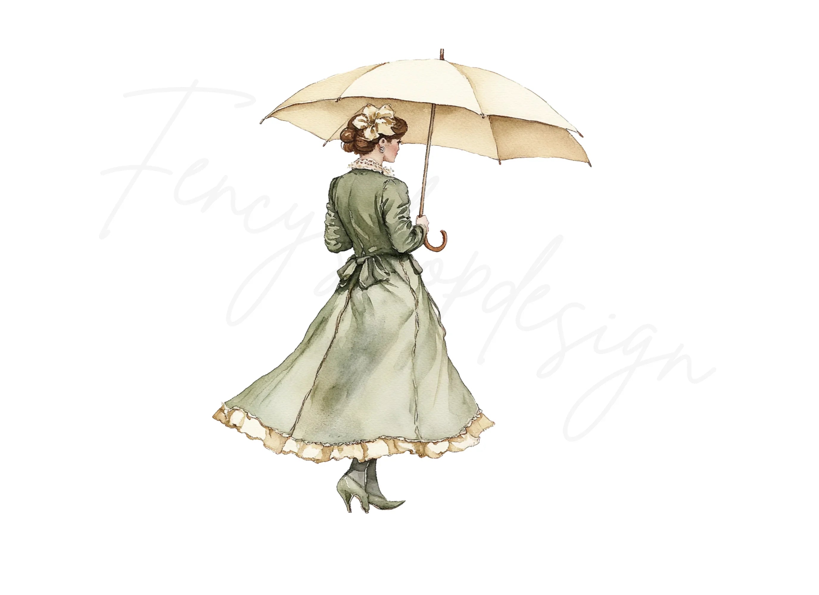 Vintage Lady With Umbrella Clipart Bundle
