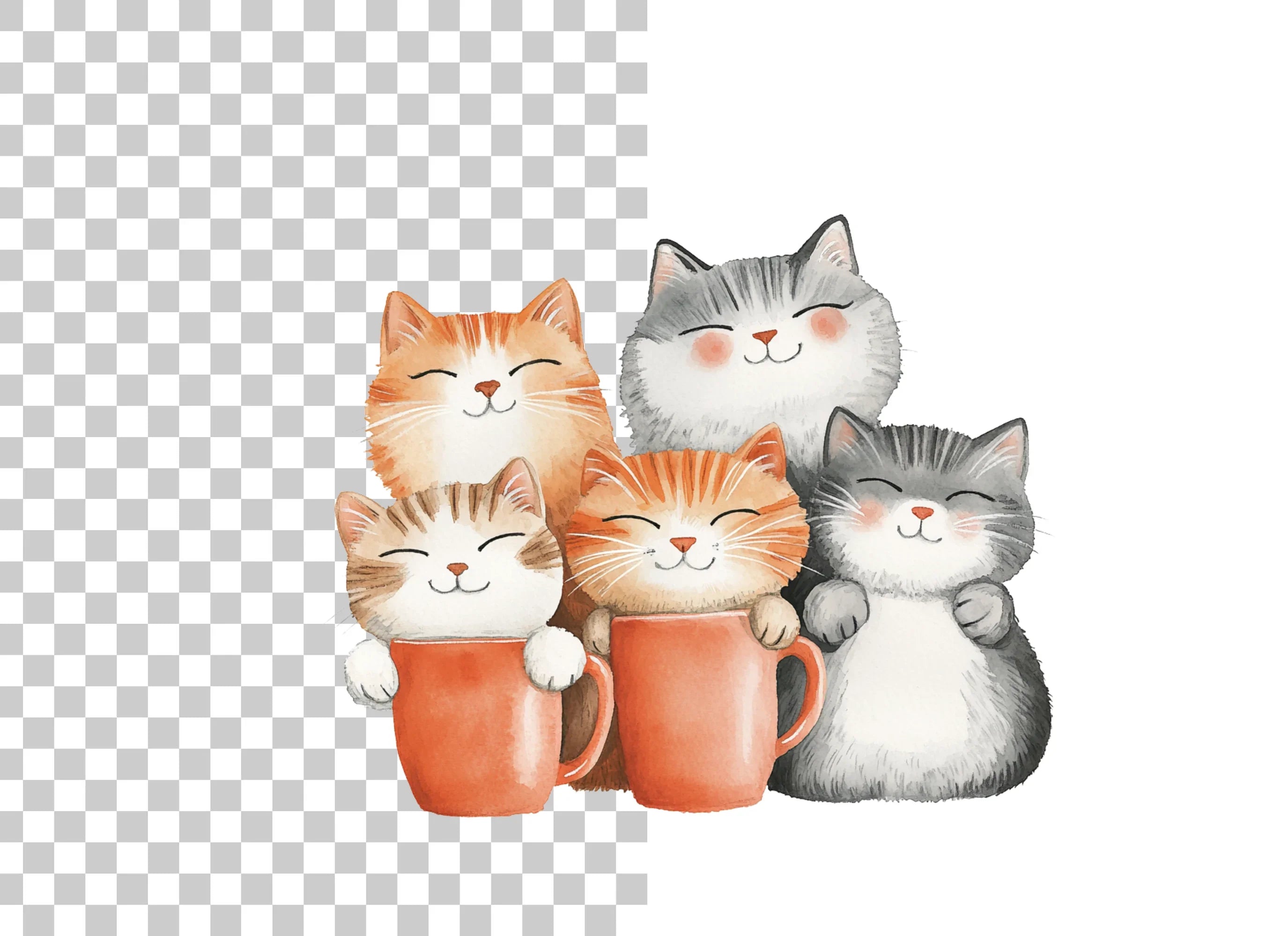 Happy Cats in Mugs Clipart Bundle