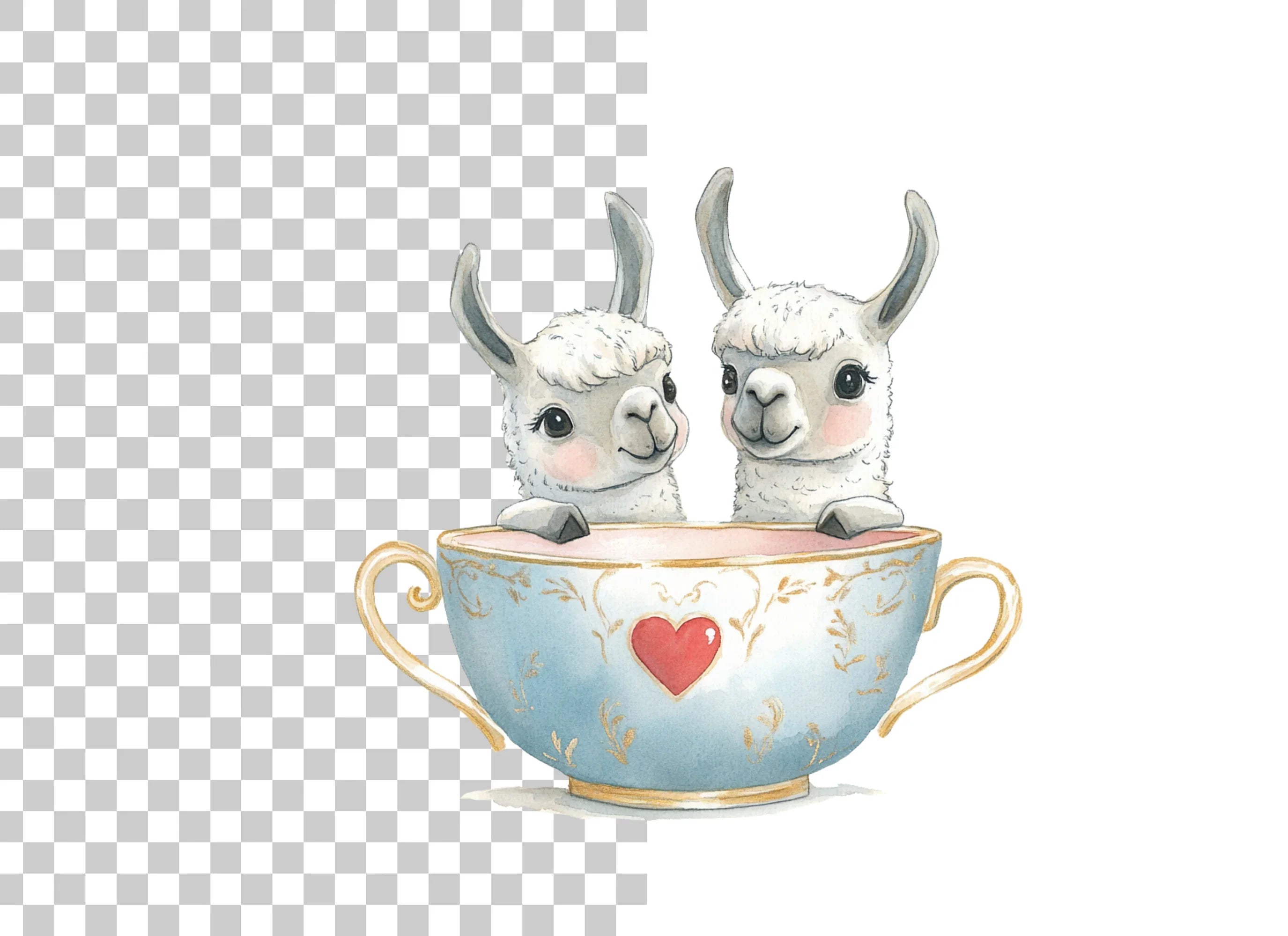 Cute Llama Couple in Teacups Clipart Bundle