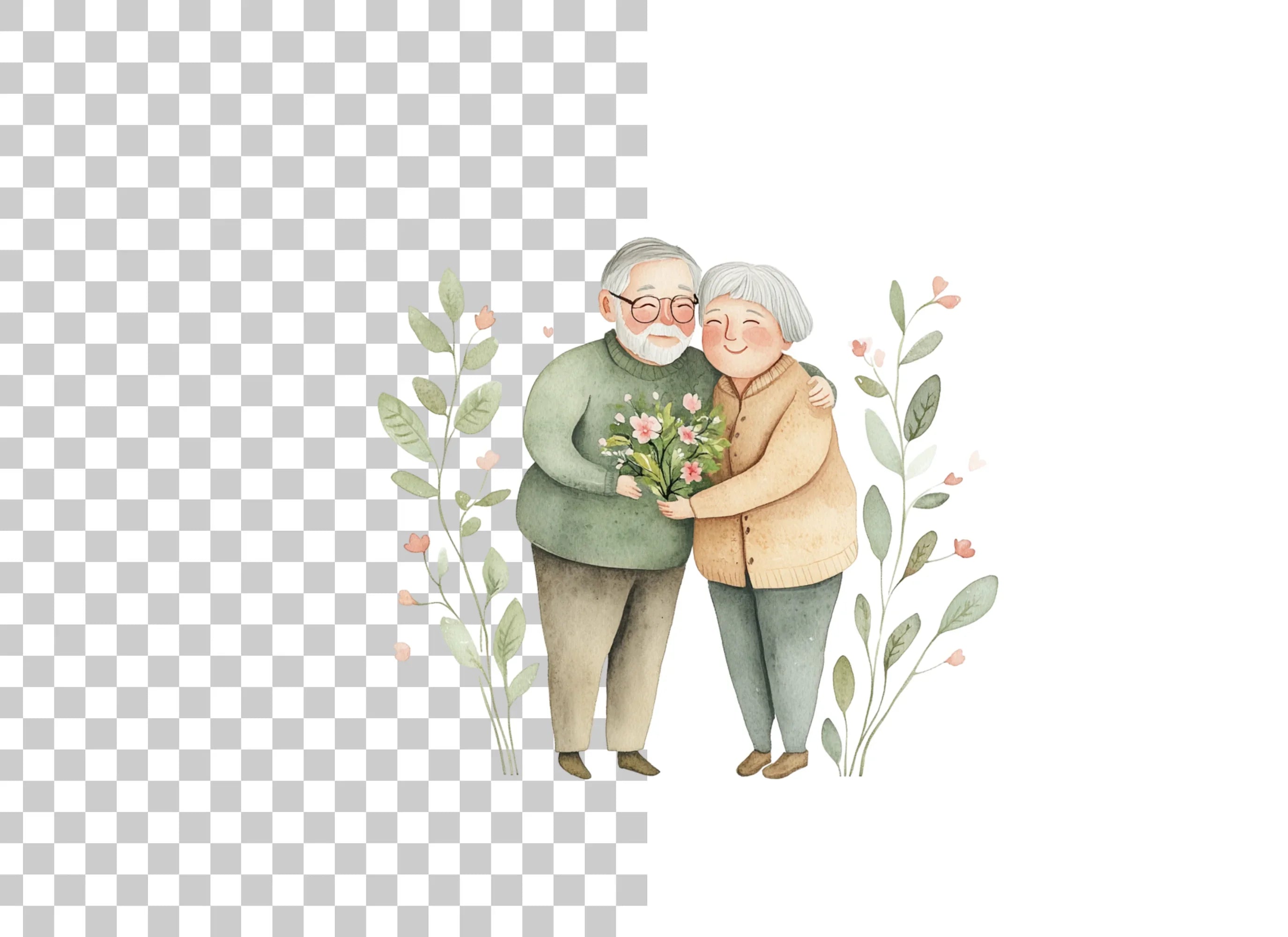 Elderly Couple with Flowers Clipart Bundle