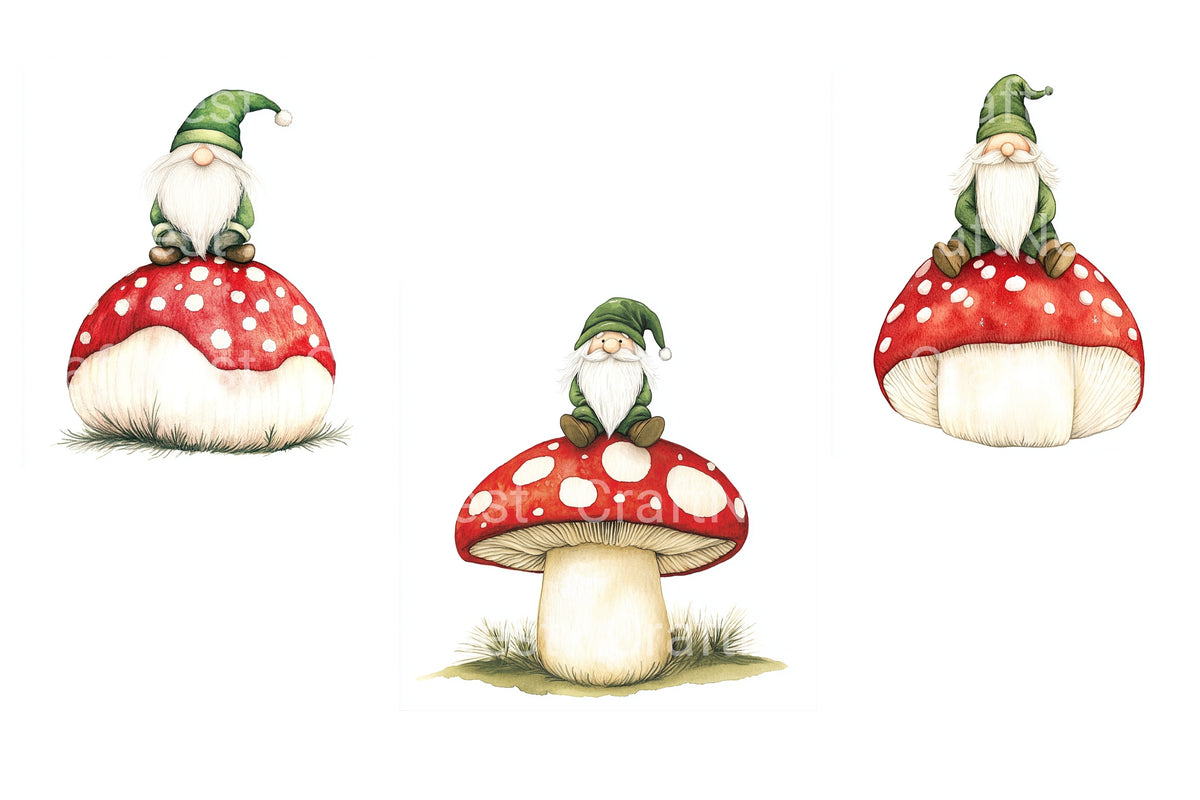 Cute Gnomes On Mushroom Houses Clipart Bundle