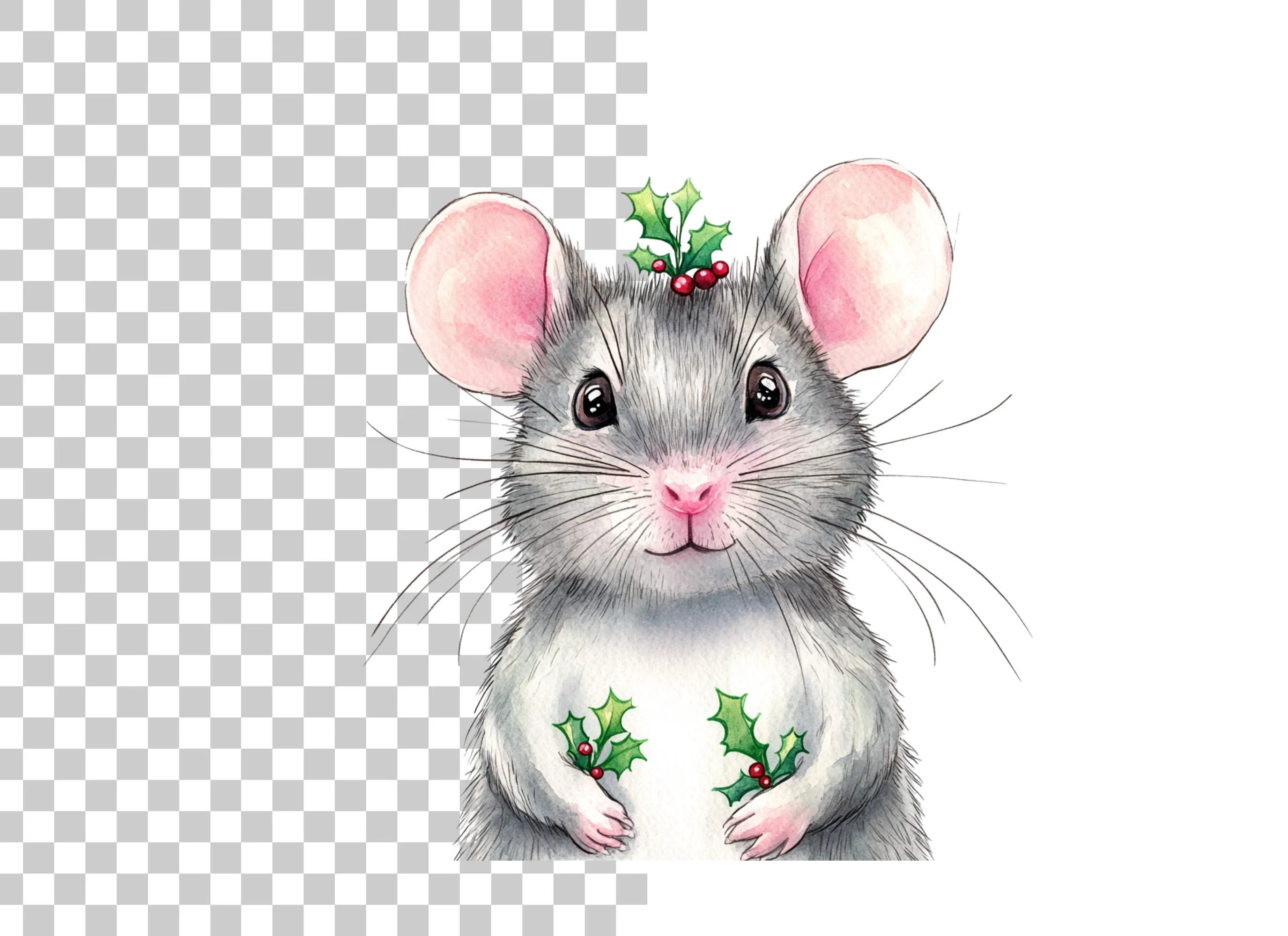 Festive Mouse with Holly Clipart Bundle