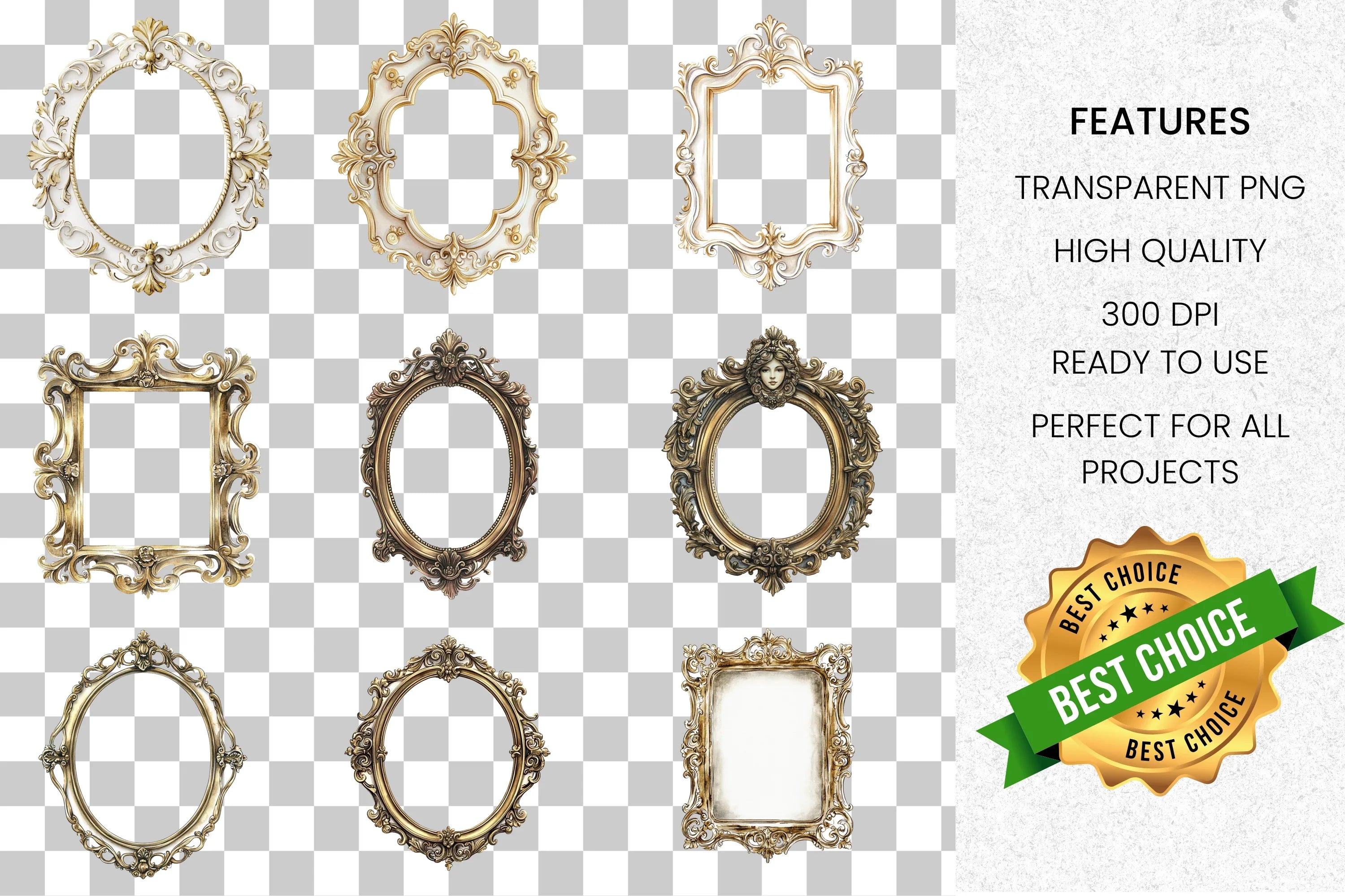 Vintage Ornate Gold Frames Clipart Bundle