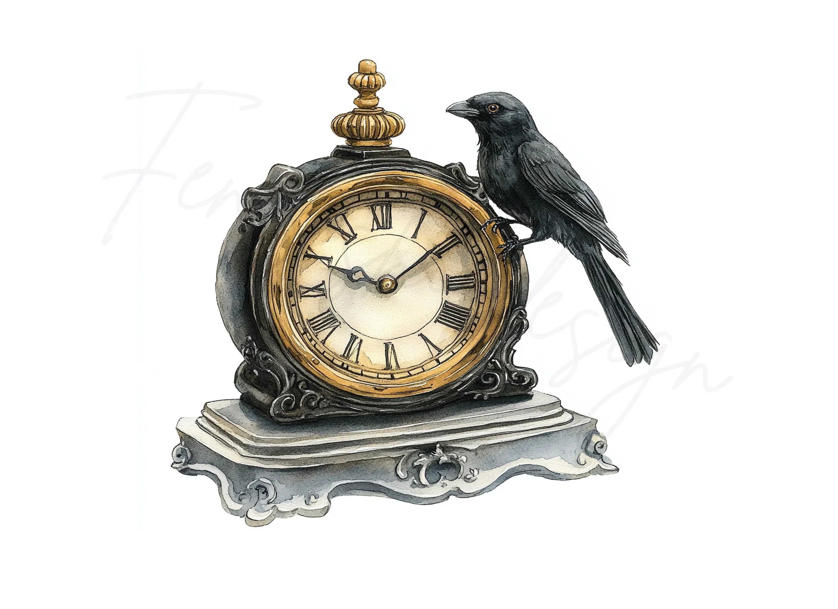 Vintage Raven Clock Clipart Bundle