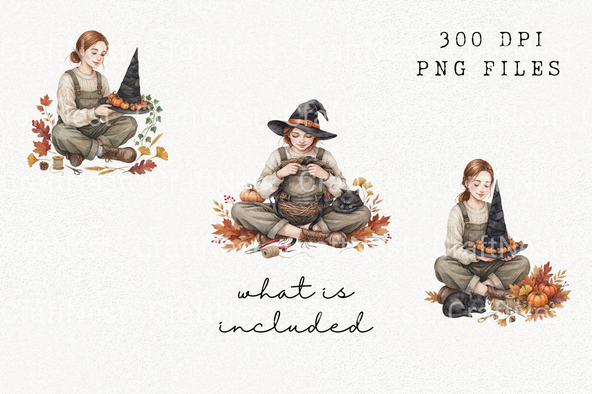 Autumn Girl With Black Cat Clipart Bundle