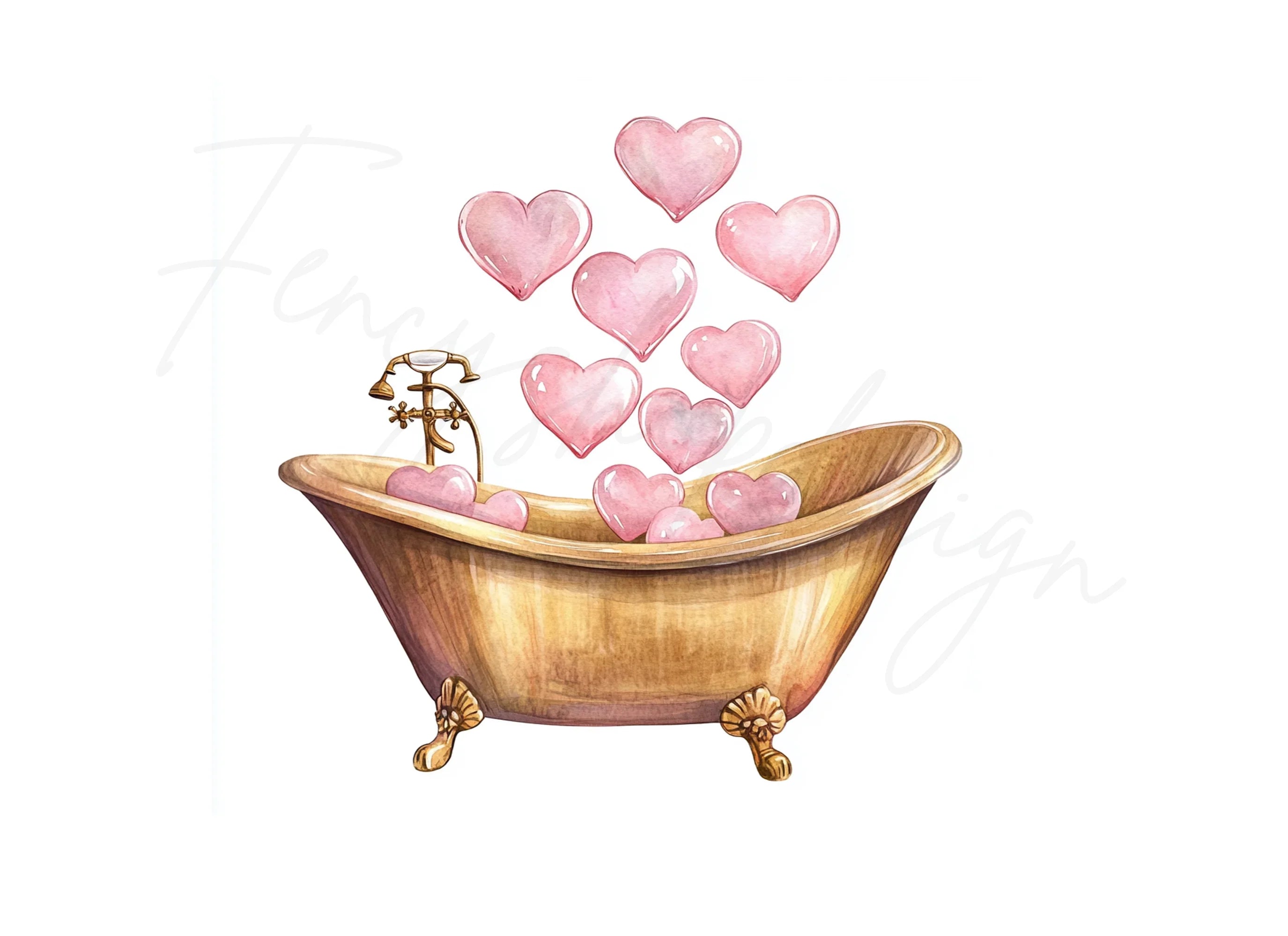 Golden Bathtubs with Pink Hearts Clipart Bundle