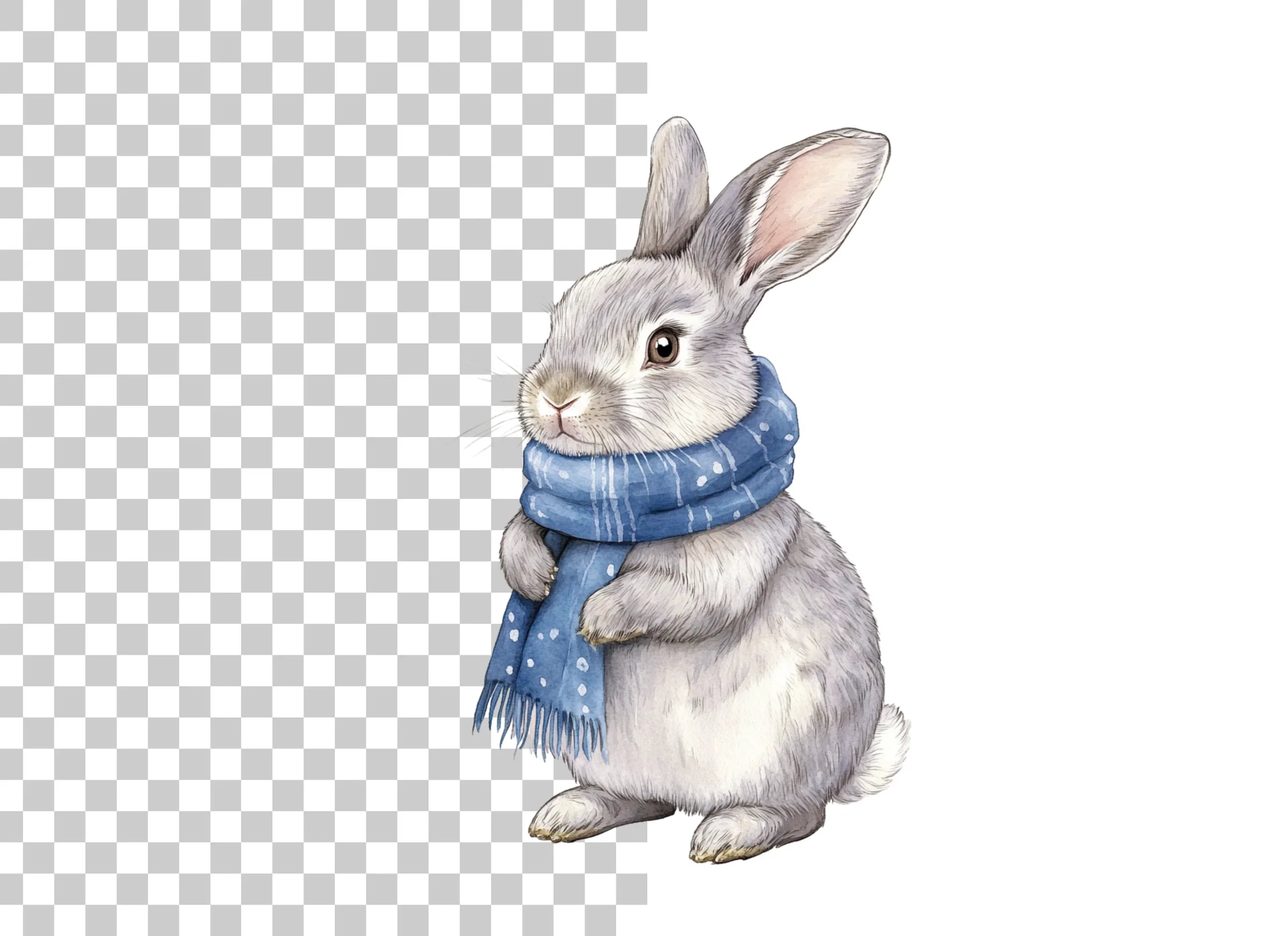 Cute Grey Bunnies with Blue Scarves Clipart Bundle