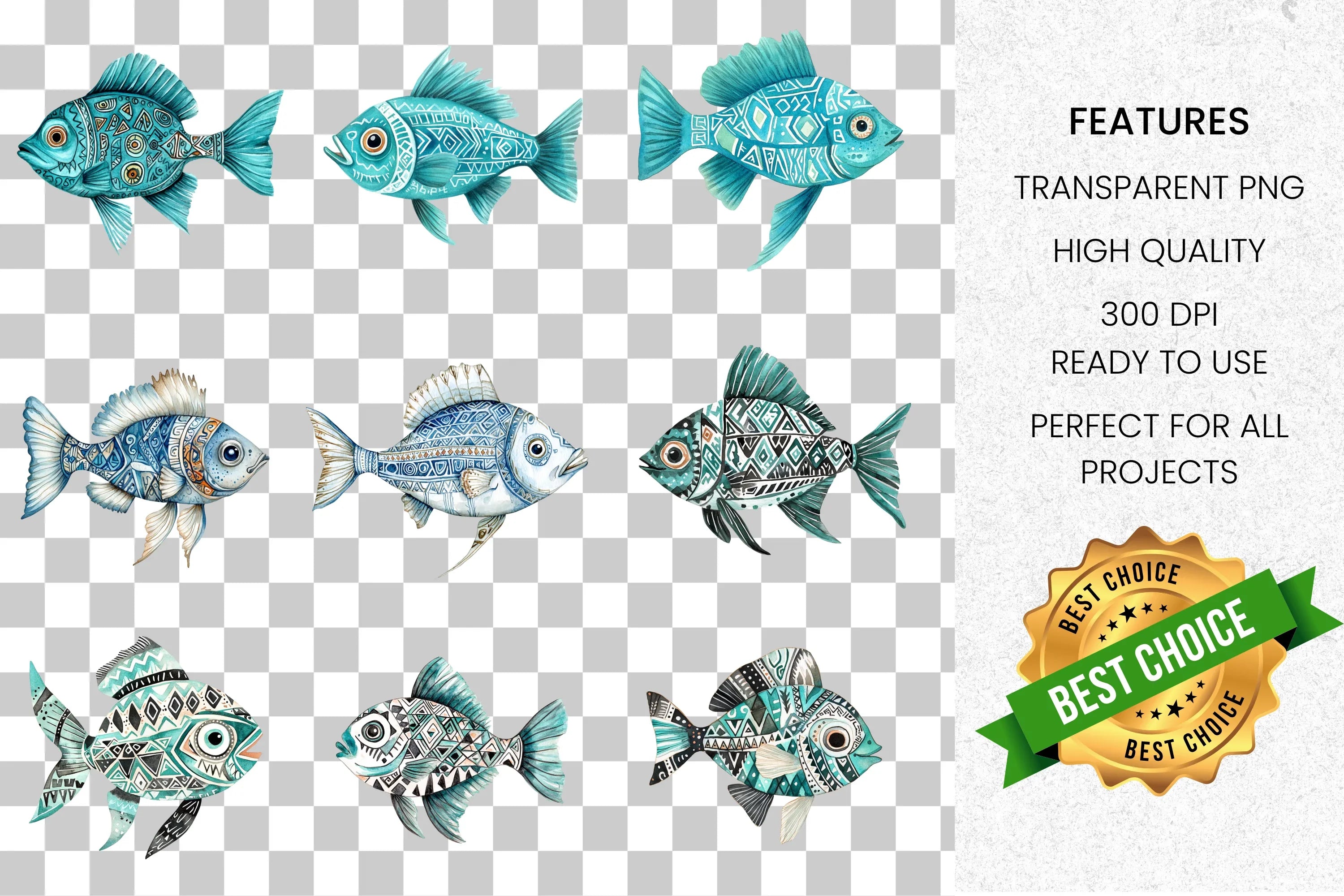 Intricate Blue Teal Decorative Fish Clipart Bundle