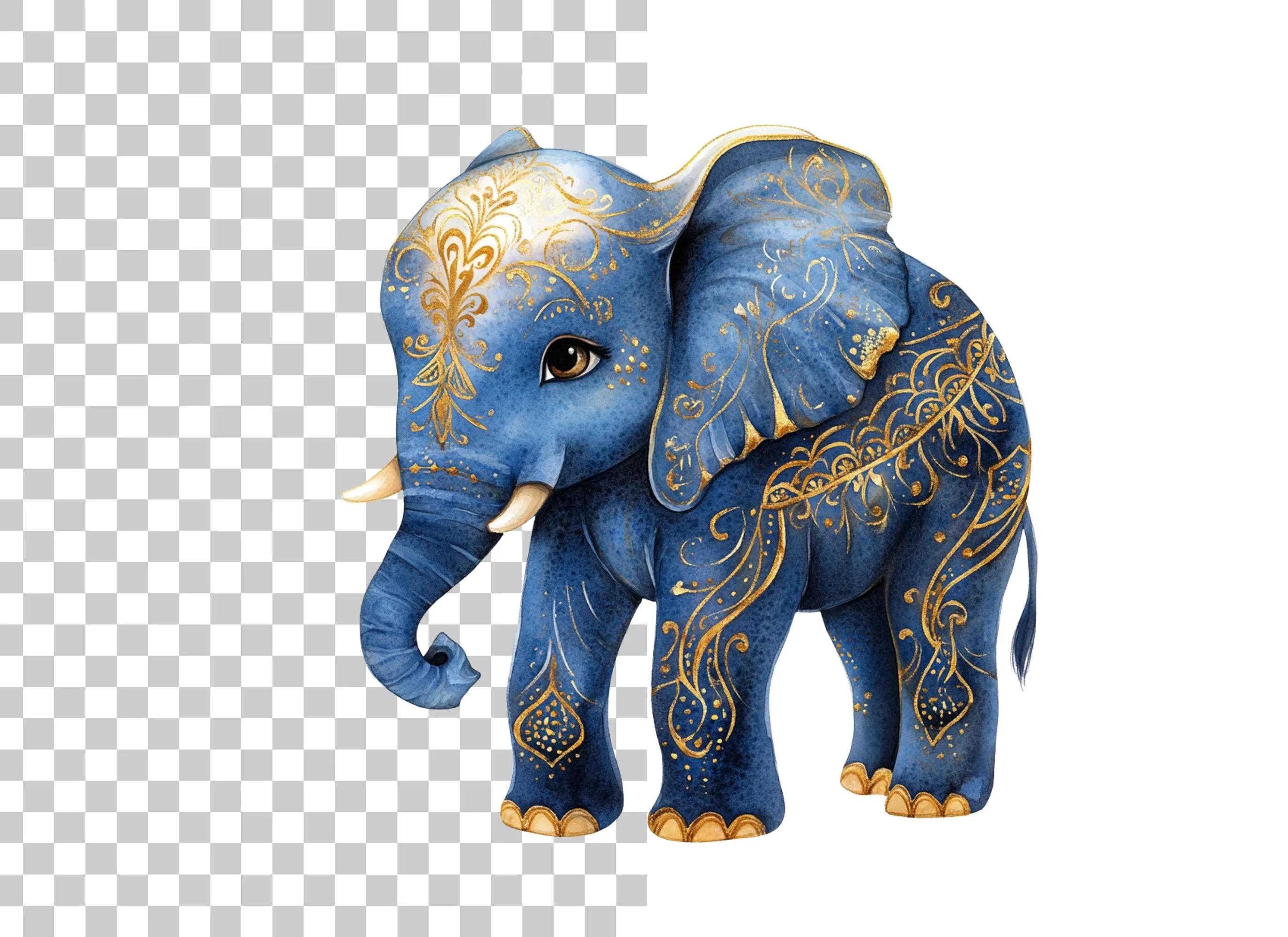 Blue Elephant with Golden Ornaments Clipart Bundle
