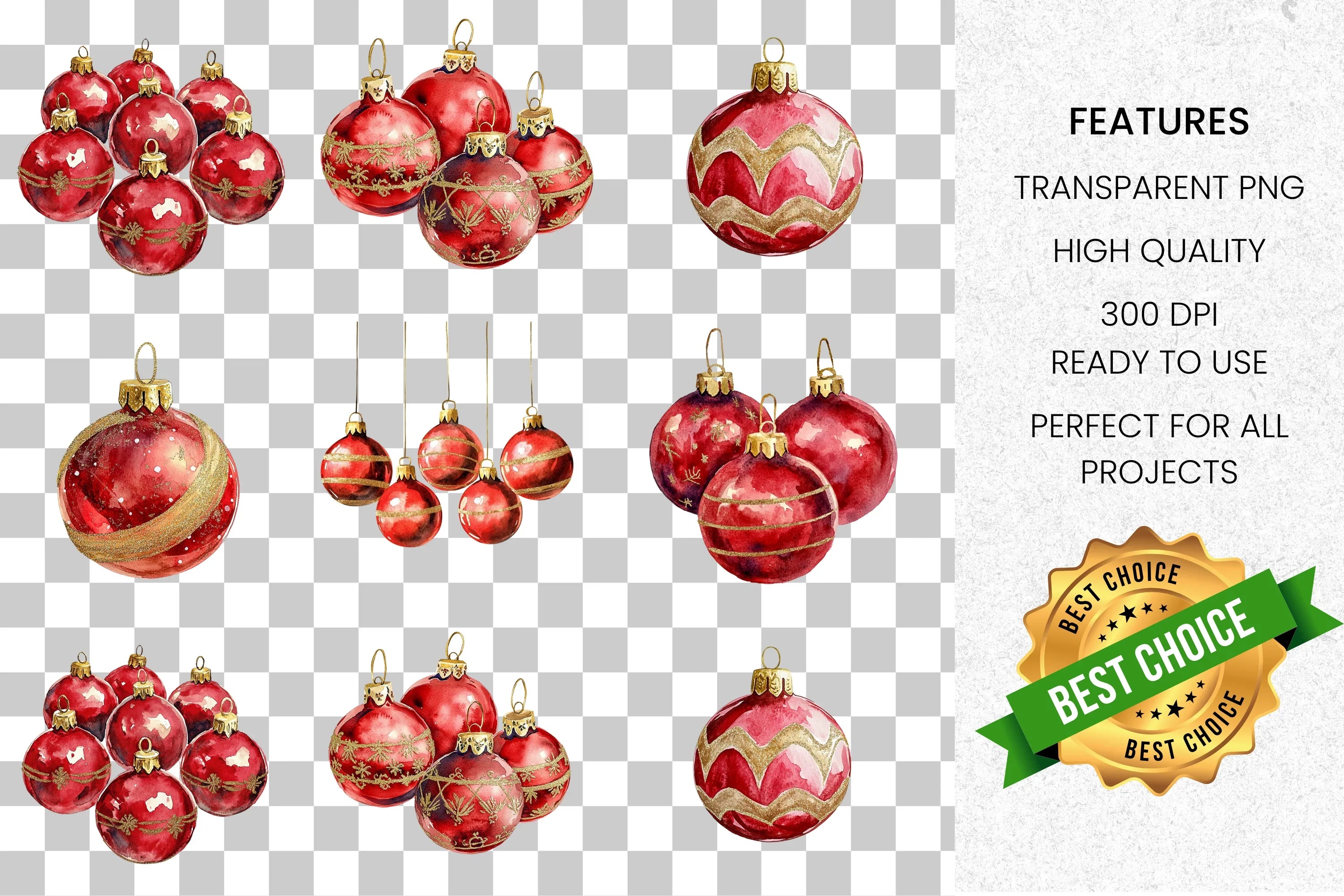 Vibrant Red Christmas Ornaments Clipart Bundle