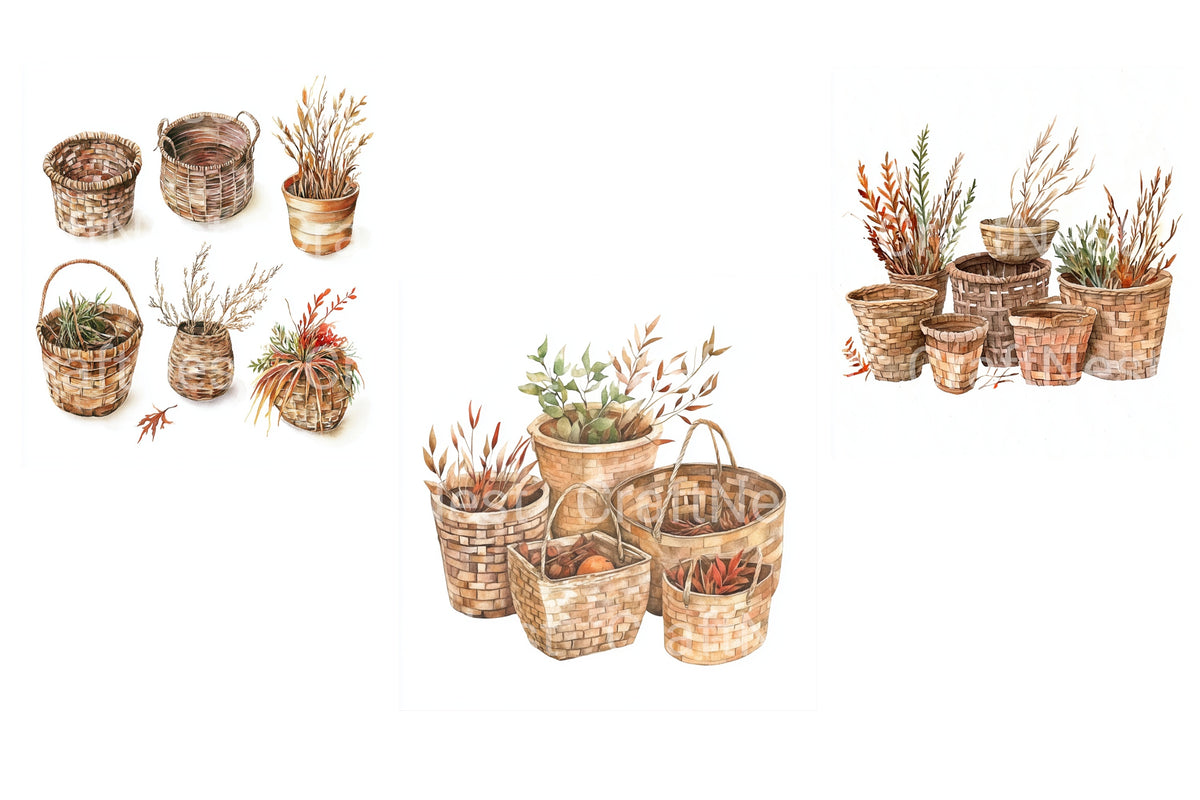 Woven Baskets Plants Clipart Bundle