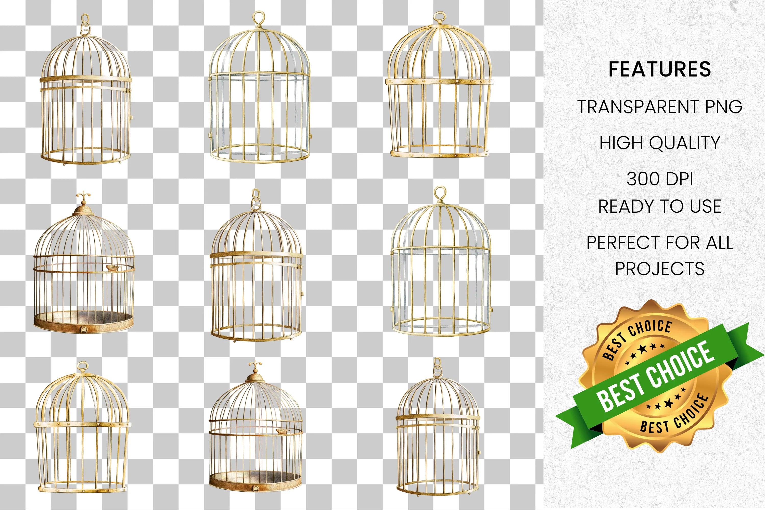 Elegant Golden Bird Cages Clipart Bundle
