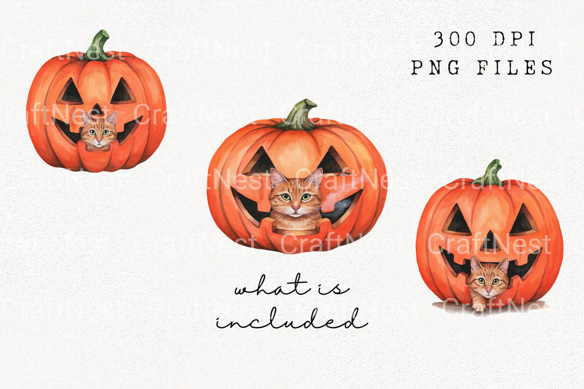 Cat In Pumpkin Halloween Fun Clipart Bundle