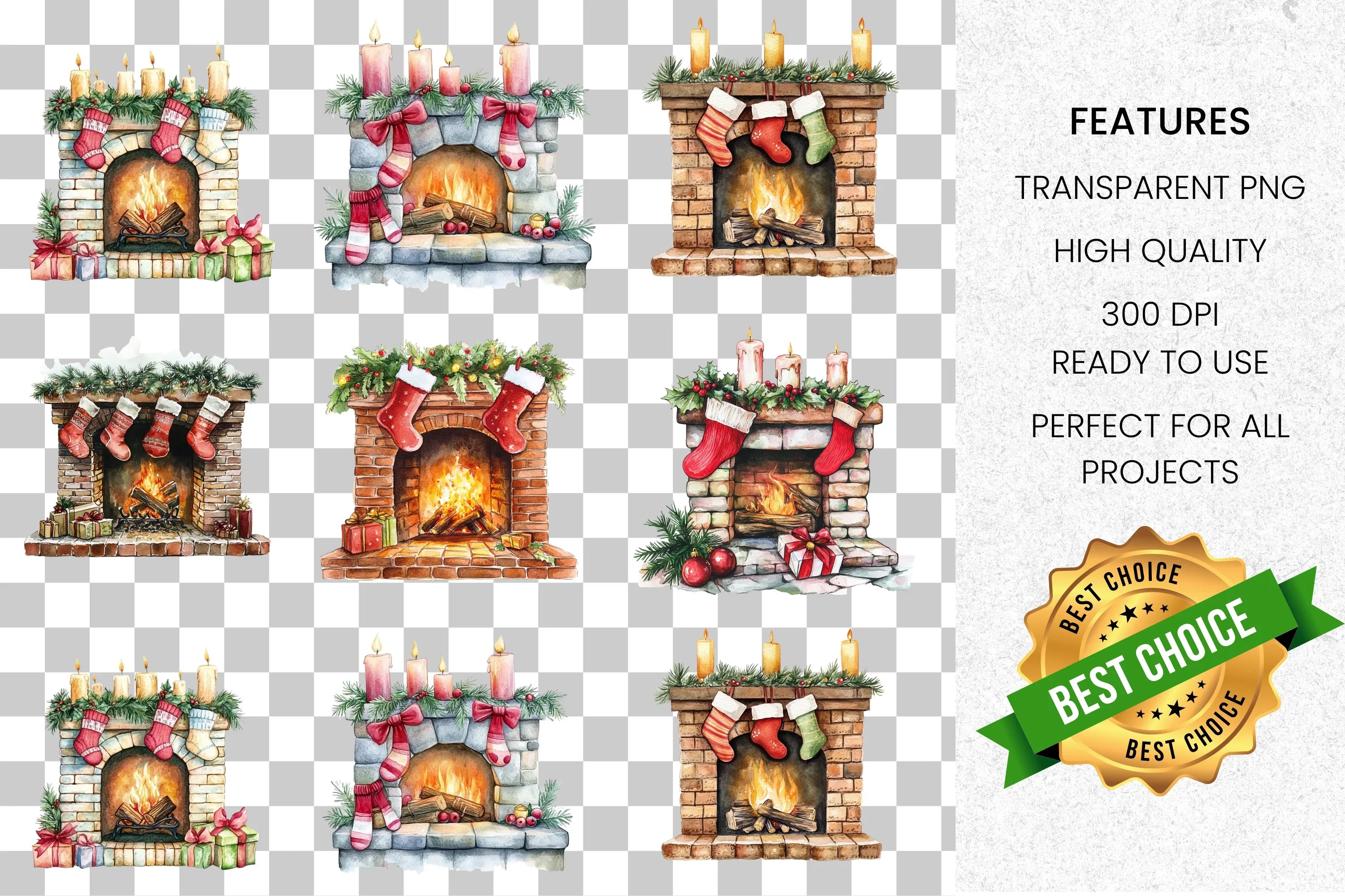 Christmas Fireplace Clipart Bundle