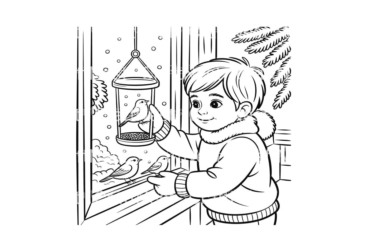 Boy Feeding Birds in Winter Coloring Books