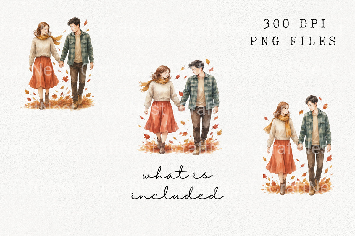 Autumn Couple Walking Hand In Hand Clipart Bundle