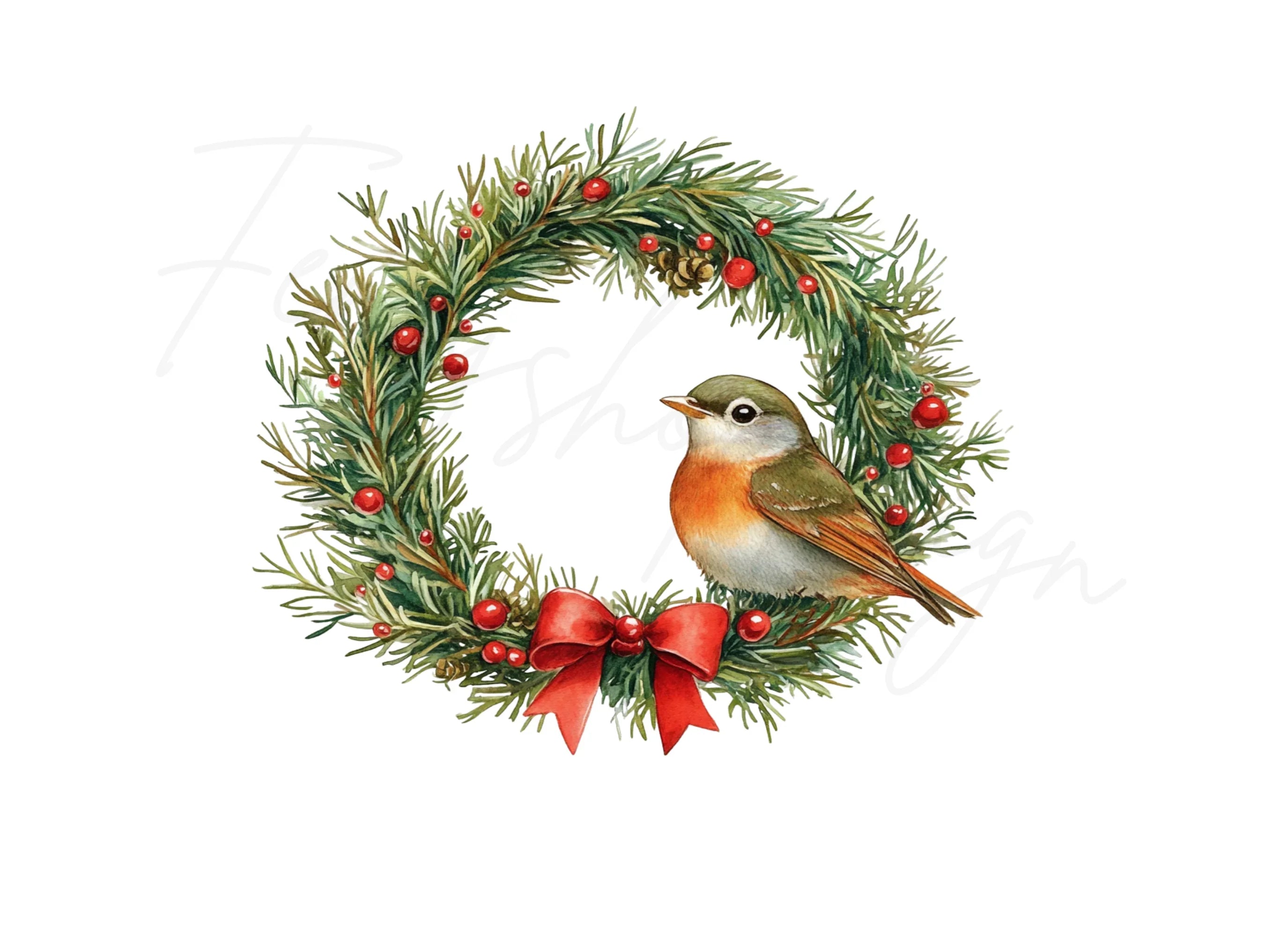 Christmas Bird in Pine Wreath Clipart Bundle