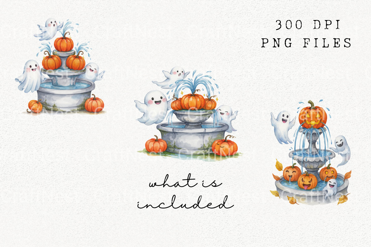 Halloween Ghosts Pumpkin Fountain Clipart Bundle
