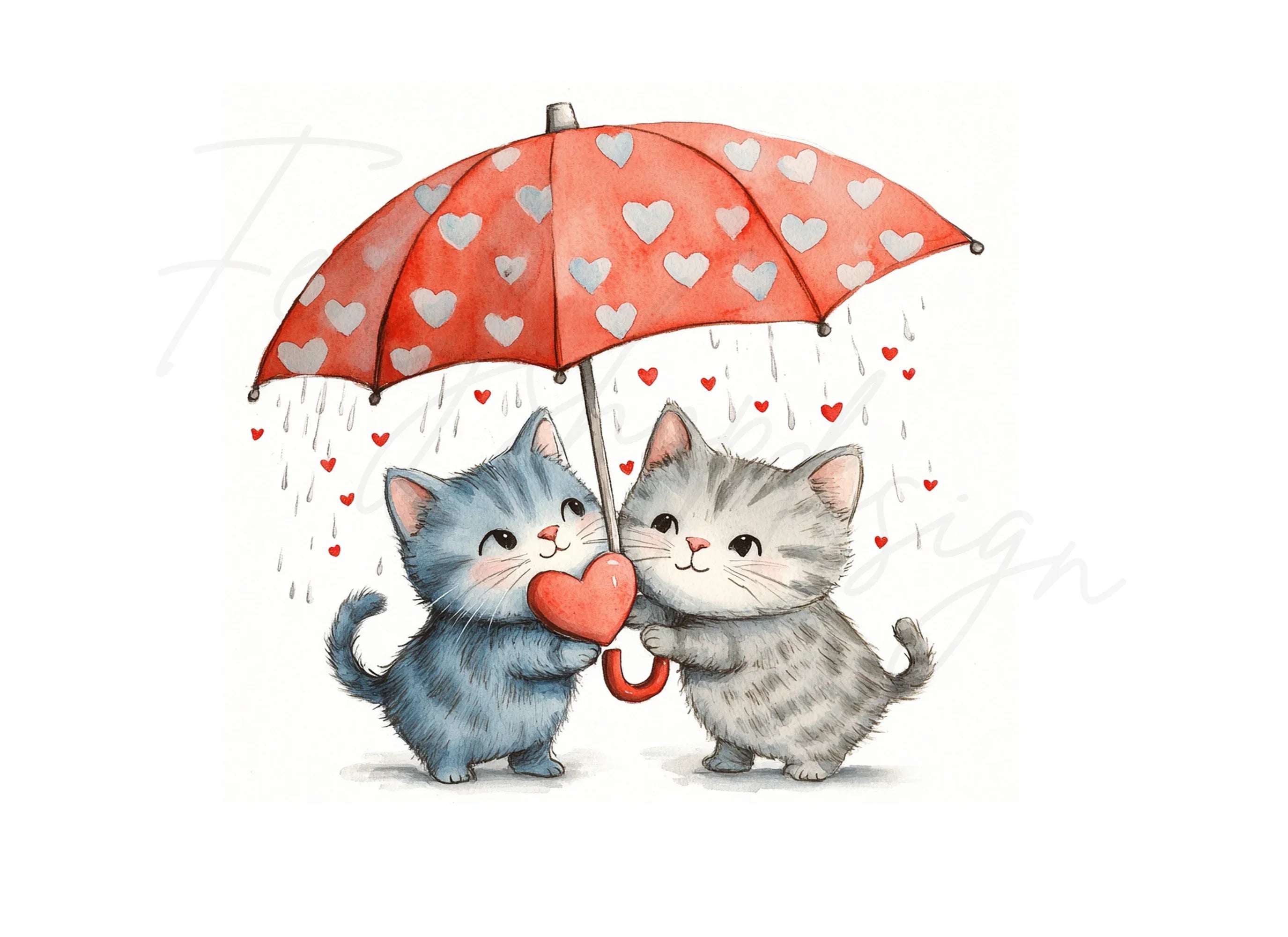 Kitten Couple Under Umbrella Clipart Bundle