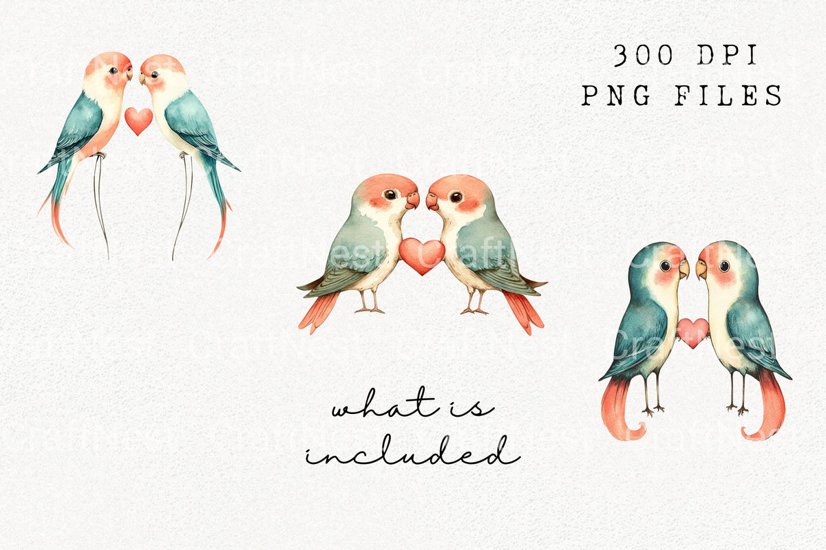Cute Lovebirds With Heart Clipart Bundle