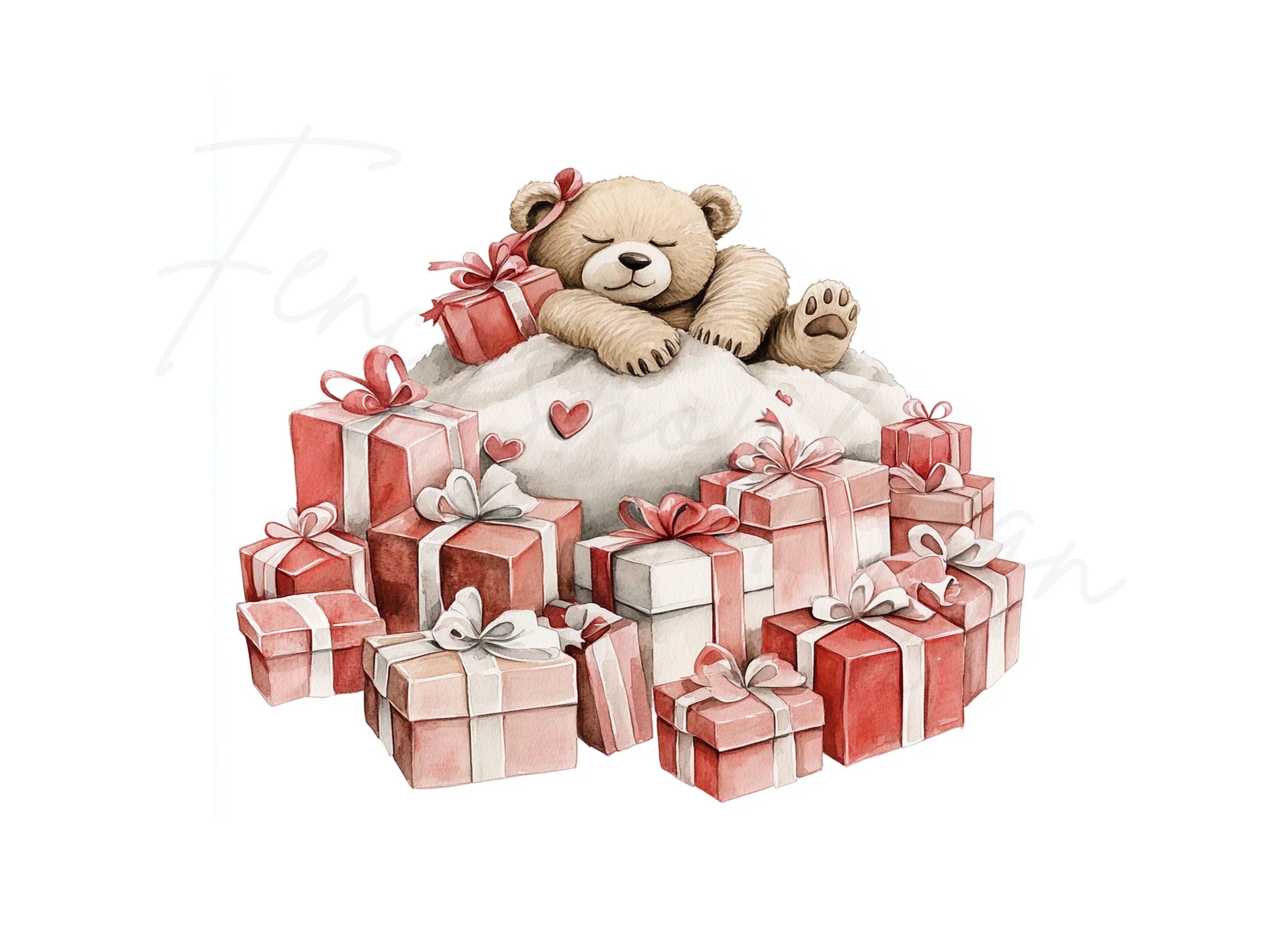 Sleeping Teddy Bear on Gift Pile Clipart Bundle