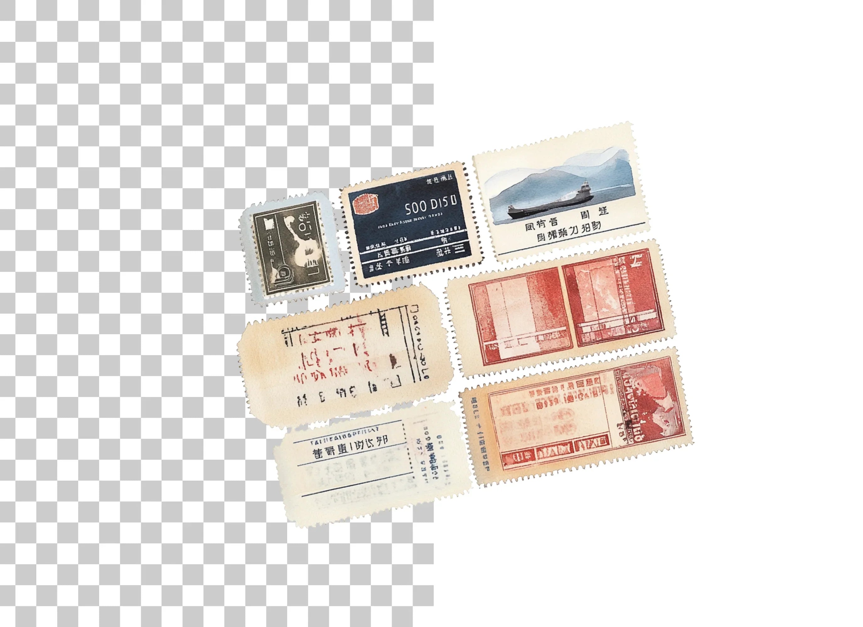 Vintage Asian Postage Stamps Clipart Bundle