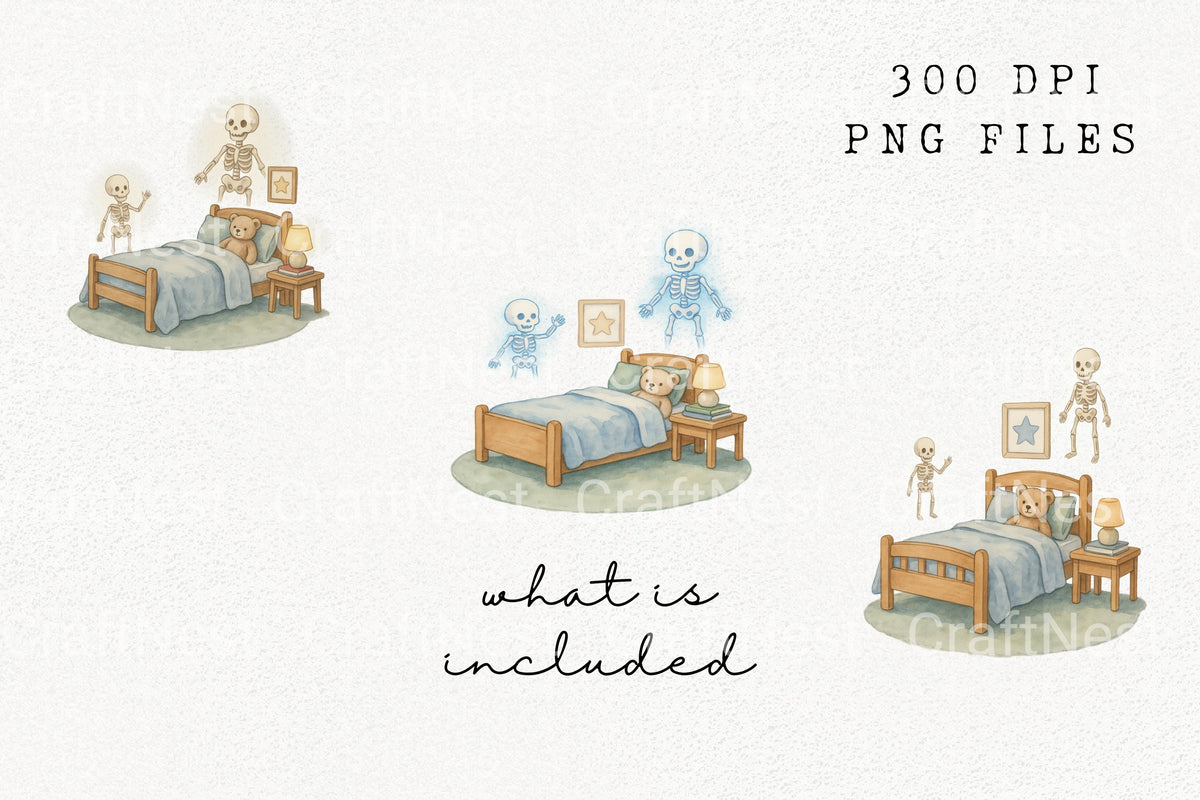 Cute Skeletons In Bedroom Elements Clipart Bundle