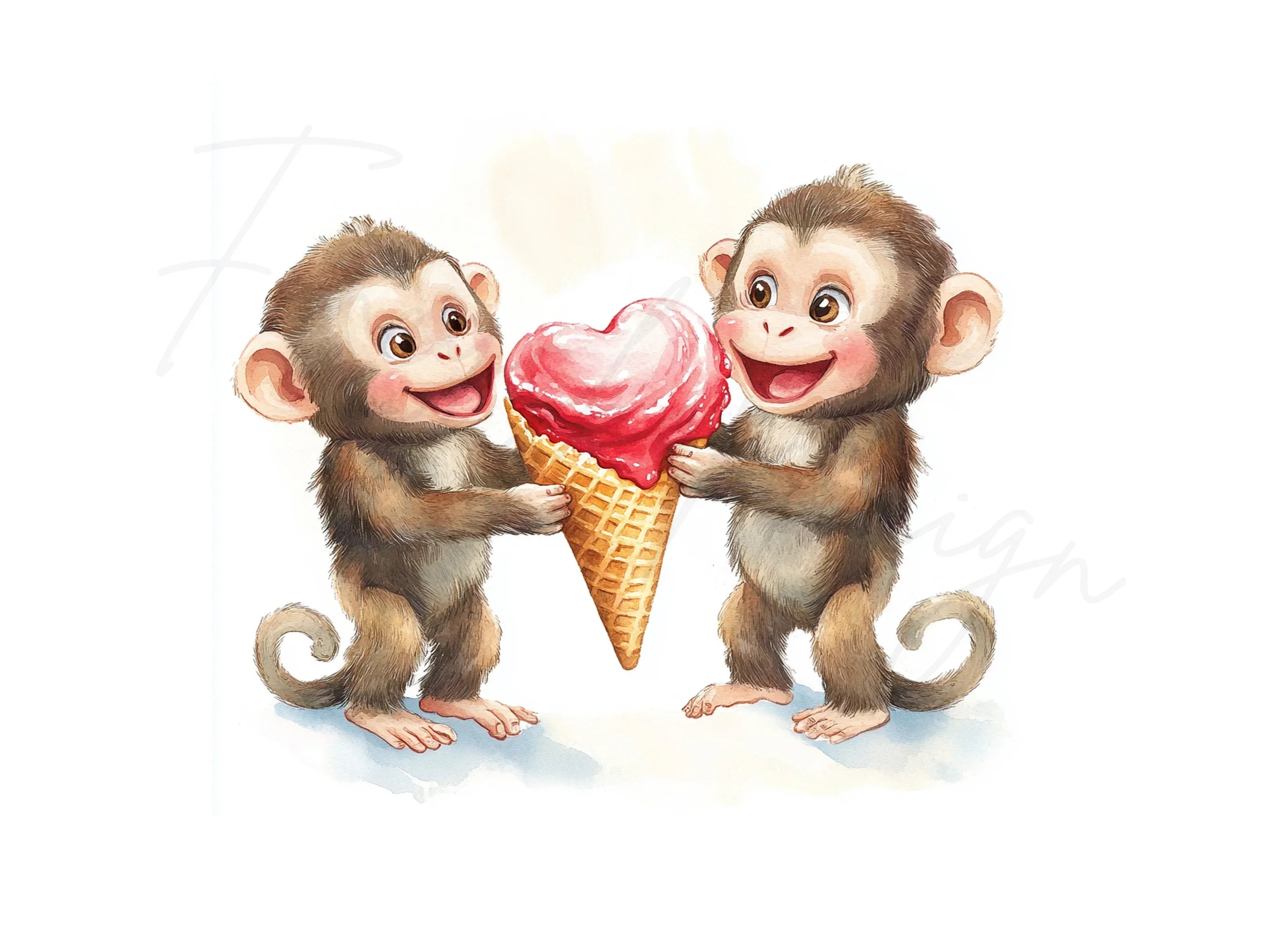Cute Monkeys Sharing Heart Ice Cream Clipart Bundle