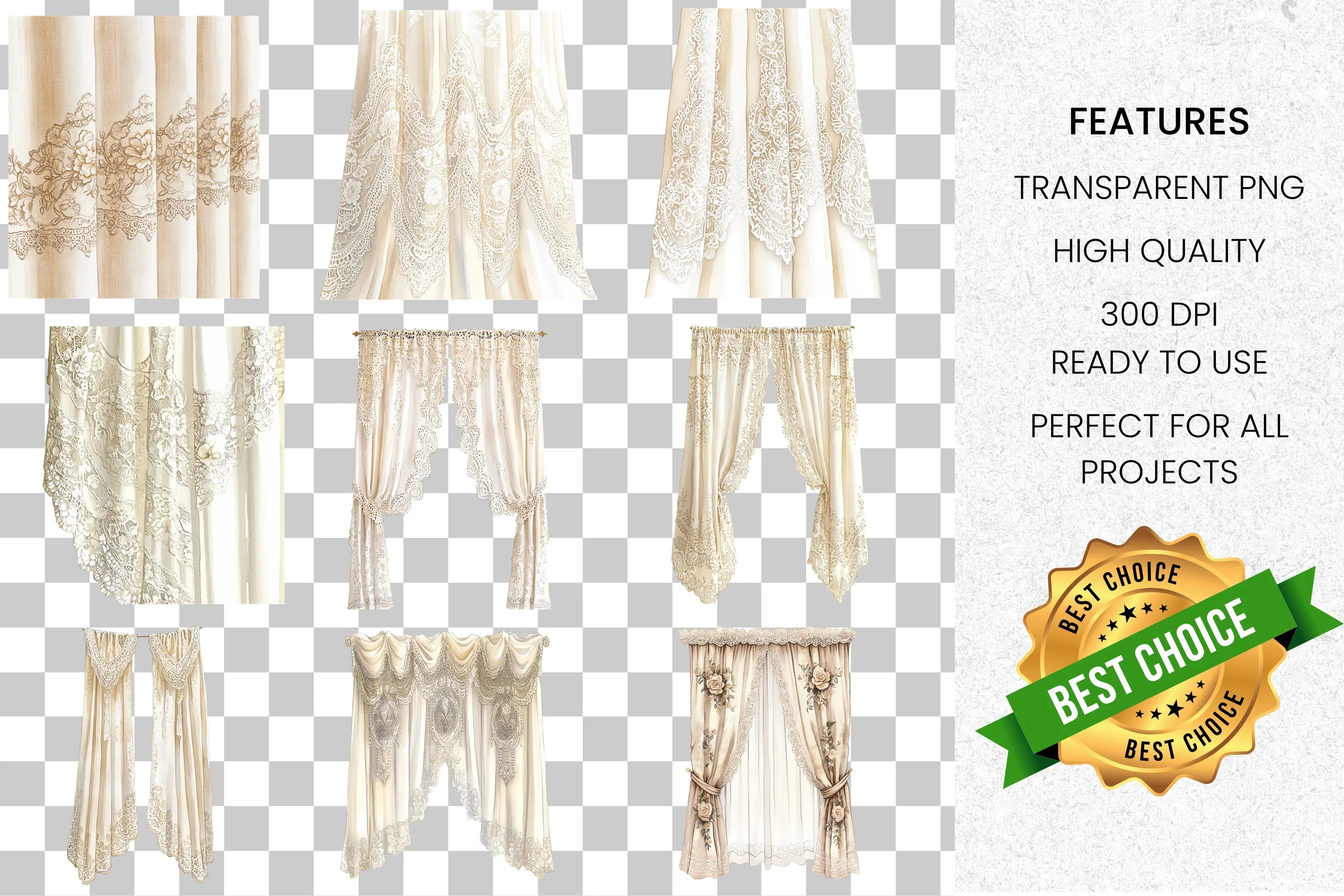 Elegant Sheer Lace Curtains Clipart Bundle