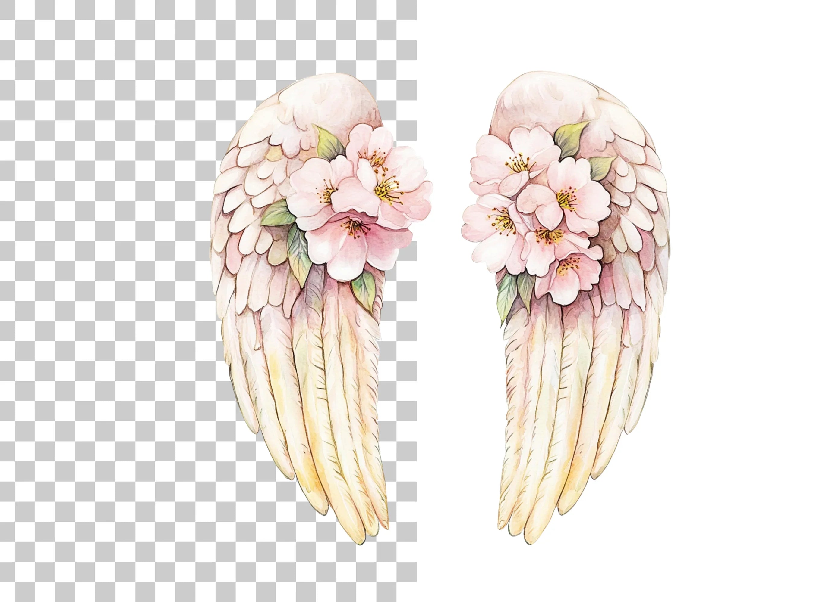 White Feathered Angel Wings with Flowers Clipart Bundle